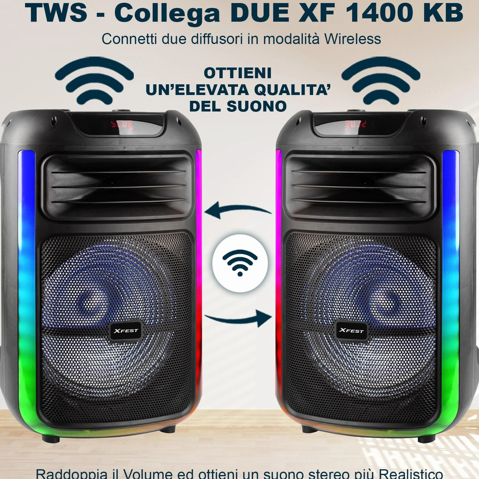 Trevi XFest XF 1400 KB bezprzewodowy głośnik 100 W, przenośny głośnik z mikrofonem z kablem w zestawie, wejściami USB, micro SD, AUX-IN i gitarą, funkcja TWS, wbudowana bateria wielokrotnego ładowania