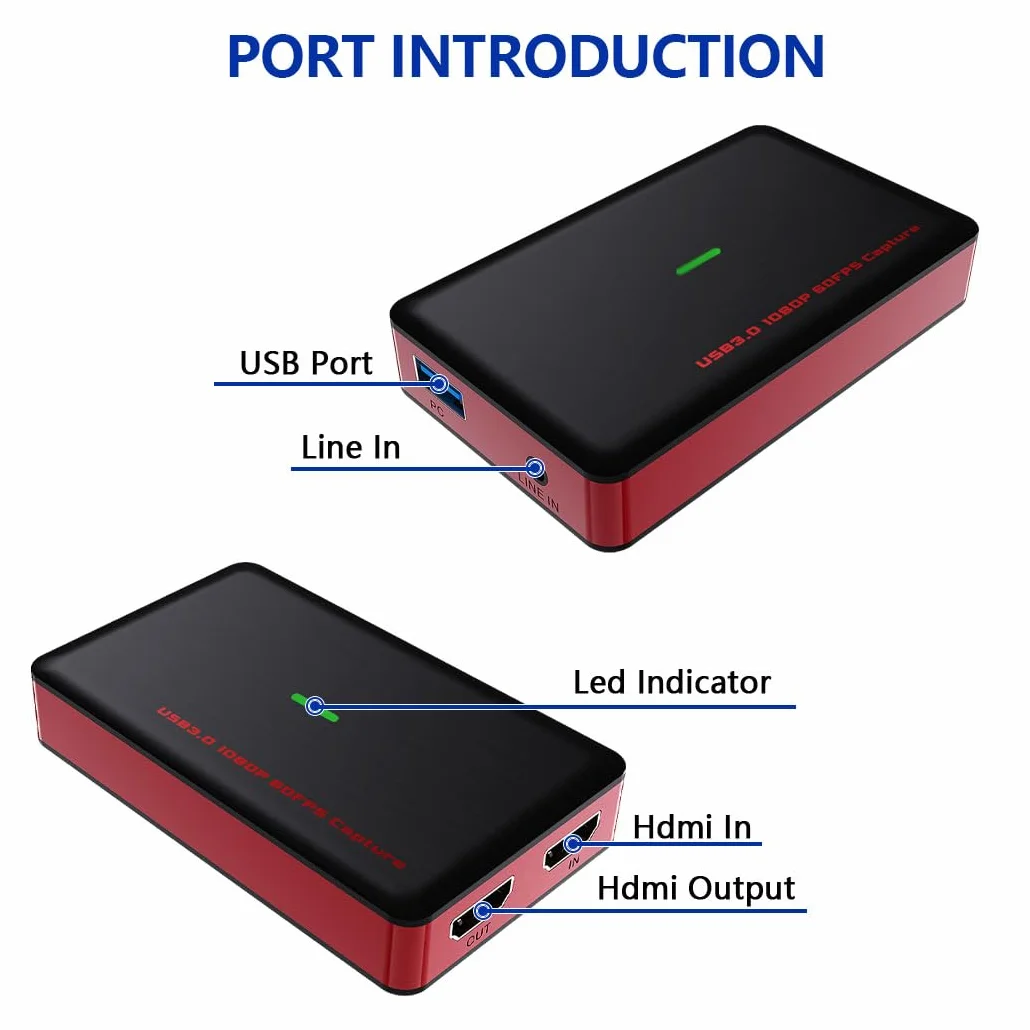 Karta przechwytująca HDMI Y&H 4K30 1080p60, USB 3.2 Gen 1 typu C i USB-A, brak opóźnień przejście sygnału, wejście liniowe 3,5 mm, wtyczka do PS5/Xbox//DSLR/iPad Pro/Mac/Windows/OBS, kieszeń