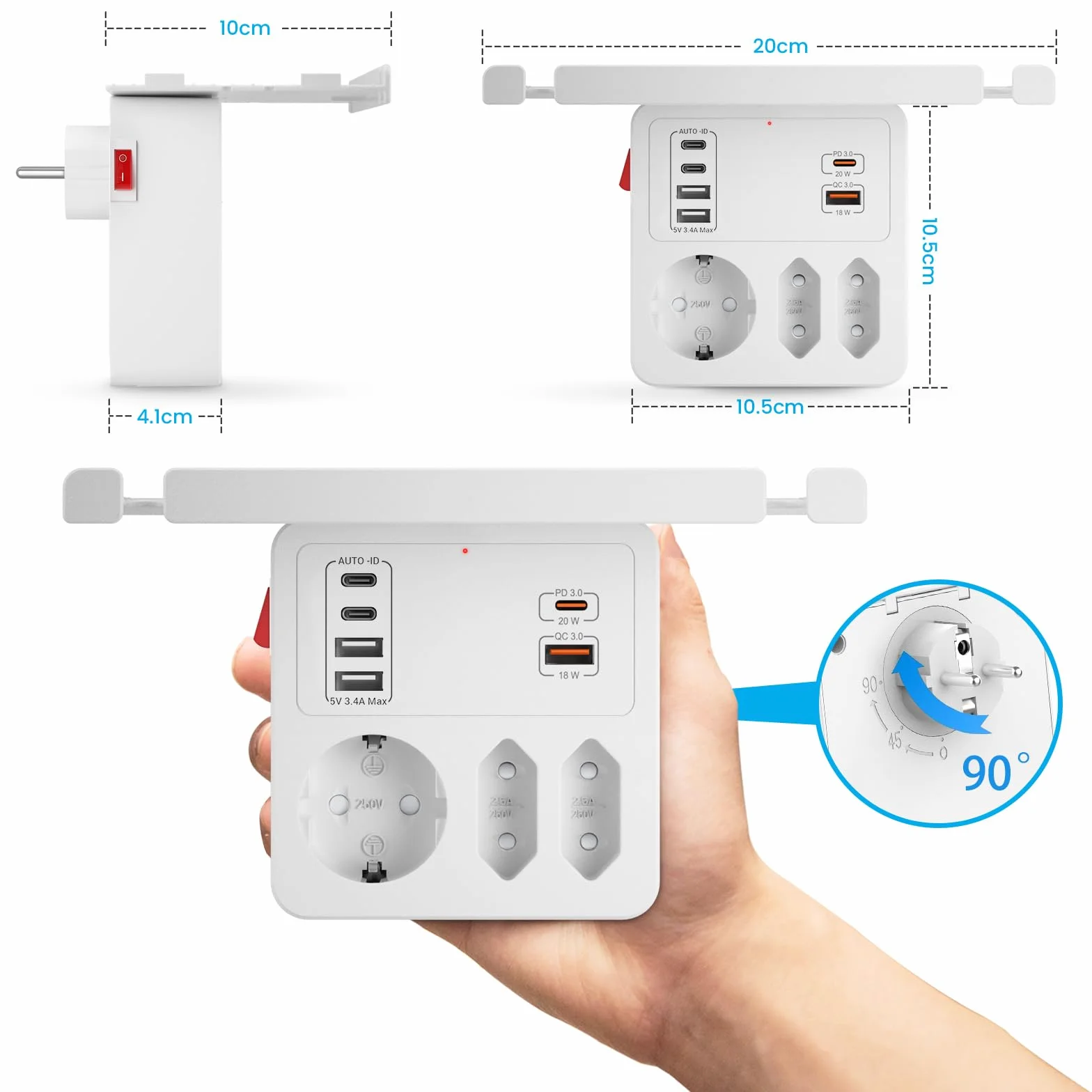 Gniazdo z Przełącznikiem,Adapter Gniazdka z USB C Szybkim Ładowaniem PD20W | Listwa Zasilająca Scienna 3 Gniazda 6 USB z Uchwytem na Telefon,Wielokrotna Gniazda z Półką Wygodny do Sypialni i Mieszkań