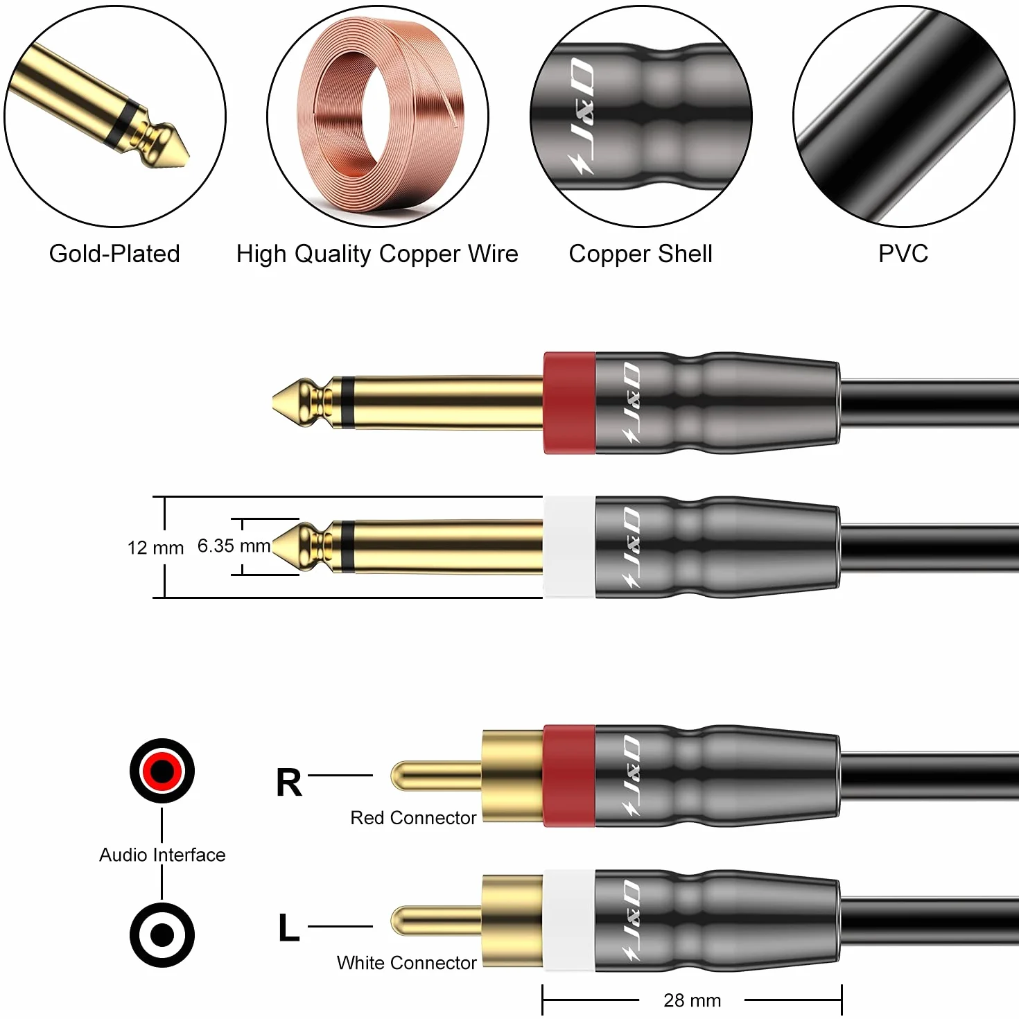 J&D Podwójny kabel TS na podwójny RCA, 0,9 m, adapter stereo audio
