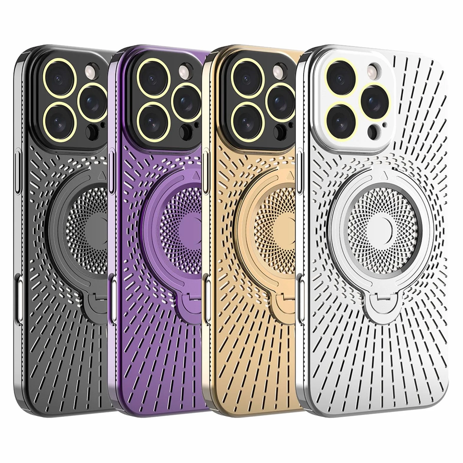 Magnetyczne etui z przyssawką do iPhone'a 16/16 Plus/16 Pro / 16 Pro Max, rozpraszanie ciepła, wentylowane, wydrążone etui na tył telefonu, obrotowy składany pierścień, 16pro max, srebrny