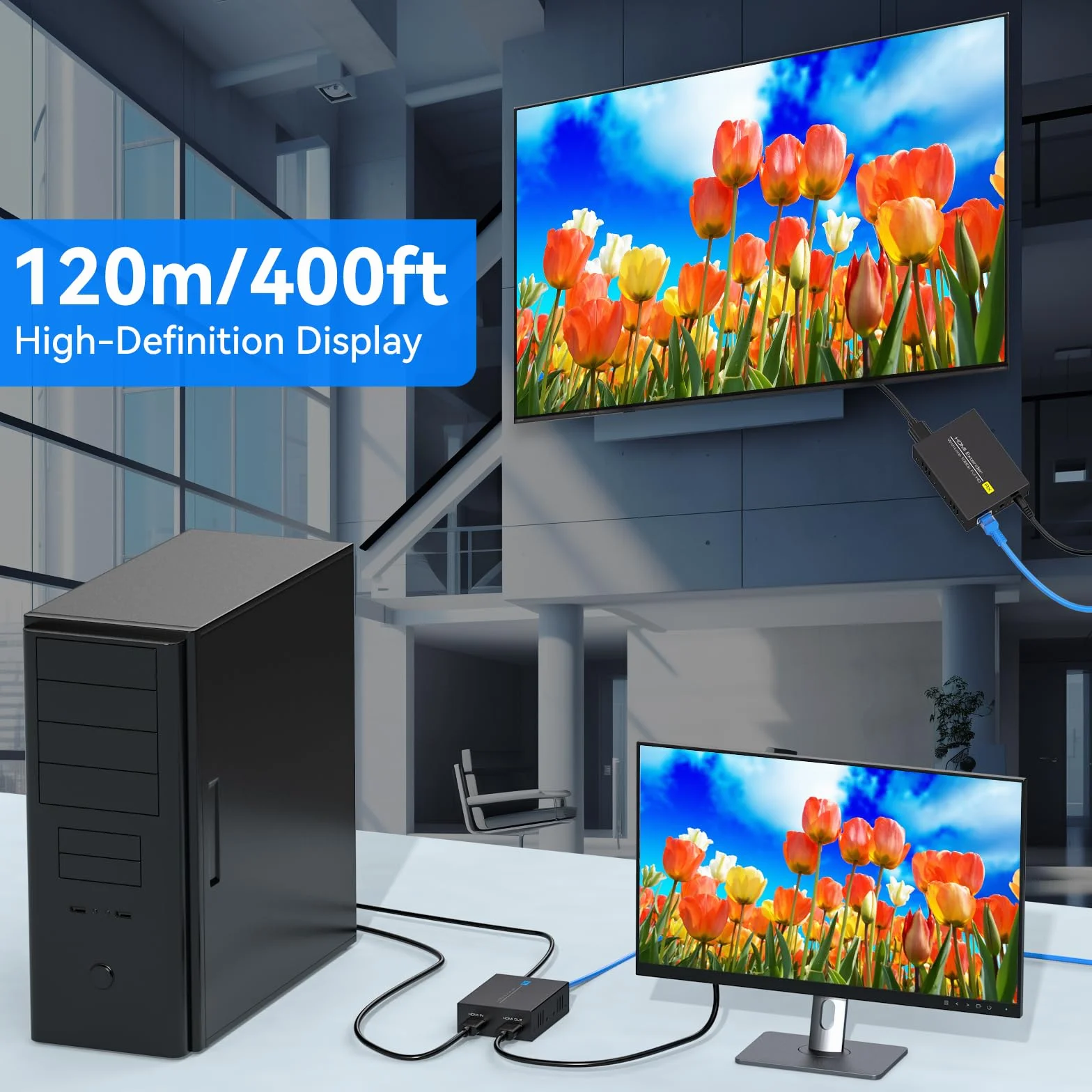 VEDINDUST Przedłużacz HDMI 4K30HZ 131FT/40M HDMI Over Ethernet HDMI RJ45 HDMI Ethernet przez Cat5e/Cat6 kabel transmiter HDMI Repeater obsługuje 4k 1080P 3D POC EDID