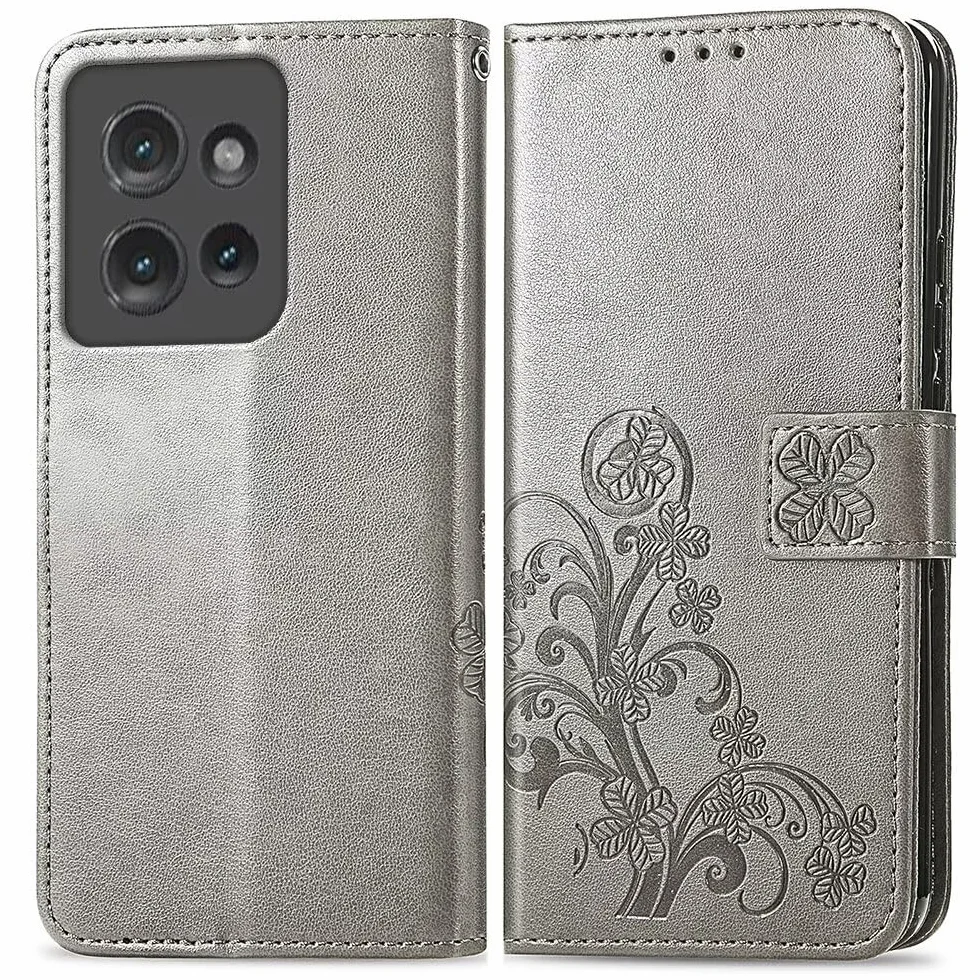 RankOne Skórzane etui do Motorola Moto Edge 50 Neo/ThinkPhone 25 (6,36 cala), pokrowiec z klapką z 3 gniazdami na karty 1 czterolistną kieszenią na monety wzór koniczyny - szary