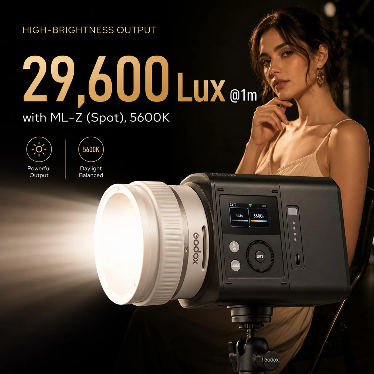 Godox ML80Bi Bi-kolorowa lampa wideo LED 2800–6500 K, 29 600 lx, kompaktowa modułowa lampa z obiektywem zmiennoogniskowym, sterowanie za pomocą aplikacji i sieci bezprzewodowej, CRI 96 TLCI 96