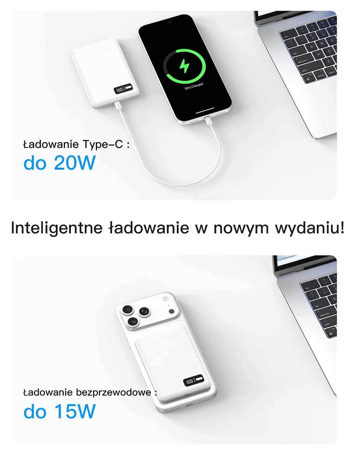 Powerbank Power Bank for MagSafe Slim Cienki 5000 mAh 15 W maks. ładowanie Qi2 Wyświetlacz cyfrowy Smukły Szybkie ładowanie Kieszonkowy Magnetyczny PD Typ C dla iPhone'a 17/16/15/14/13/12 Series