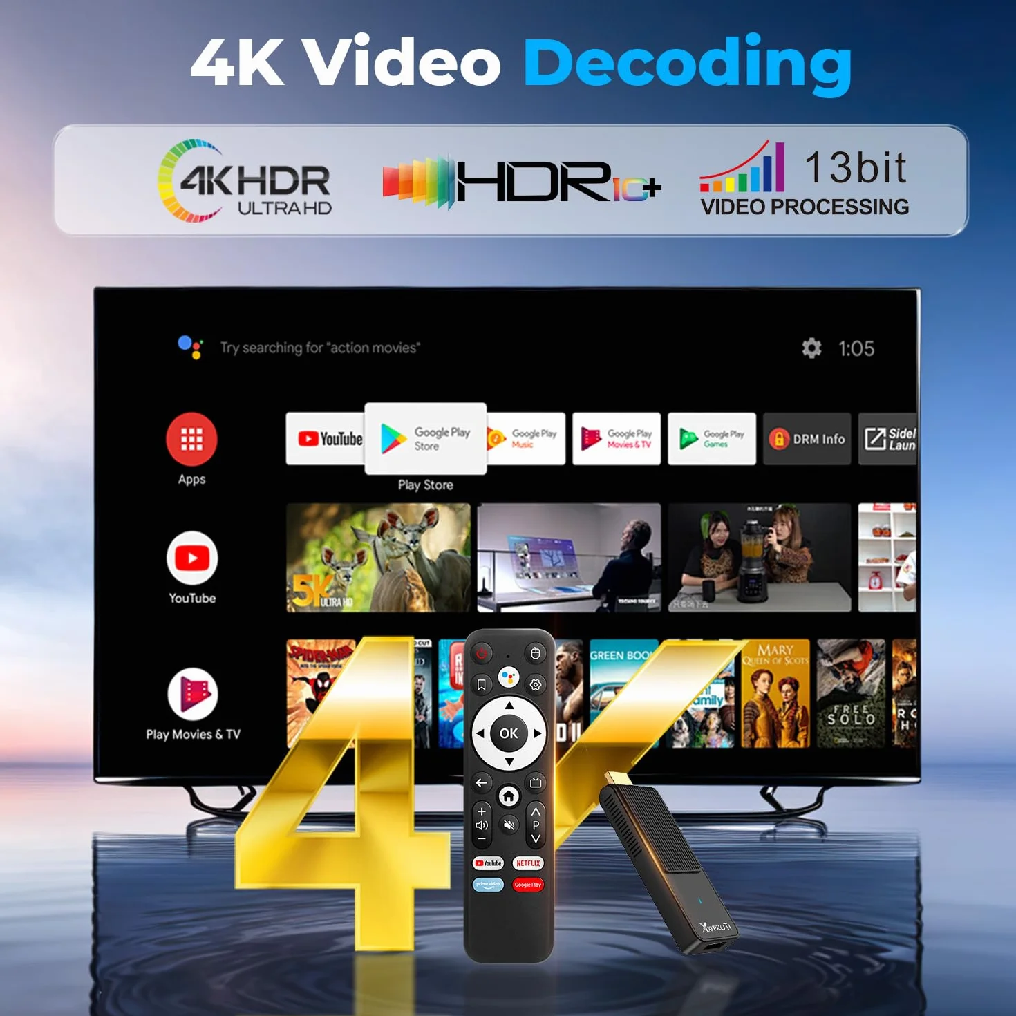 GREVA Android TV Stick 4K Ultra HD - urządzenie do streamingu, 2025 Najnowszy Android 14.0 TV Stick Box 2 GB 16 GB HDR/AV1/WiFi 2,4G/5G/BT 5.0, inteligentny odtwarzacz multimedialny z asystentem i