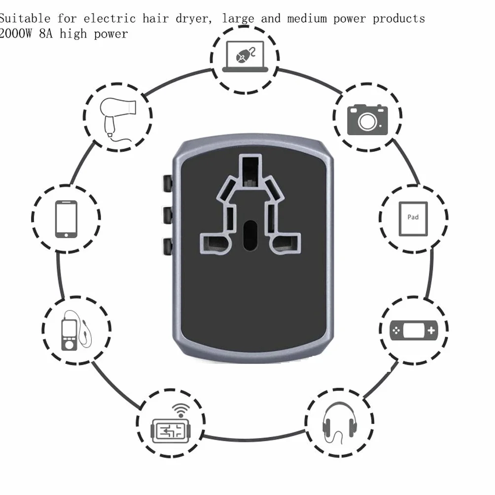 Uniwersalny międzynarodowy adapter podróży, ogólnoświatowy zasilacz z 4 Usb. Idealny na europejski USA, UE, UK, AU 224 Państwa (Color : A, Rozmiar : 5.3 * 5.4 * 7.1cm)
