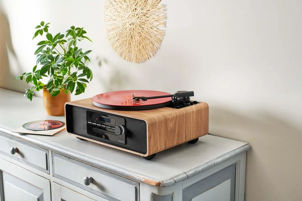 Microsistema Bluetooth con giradischi - THOMSON - Nero/Legno - Radio FM/CD/MP3/USB, 60W, Giradischi, Equalizzatore, Alimentazione 230V