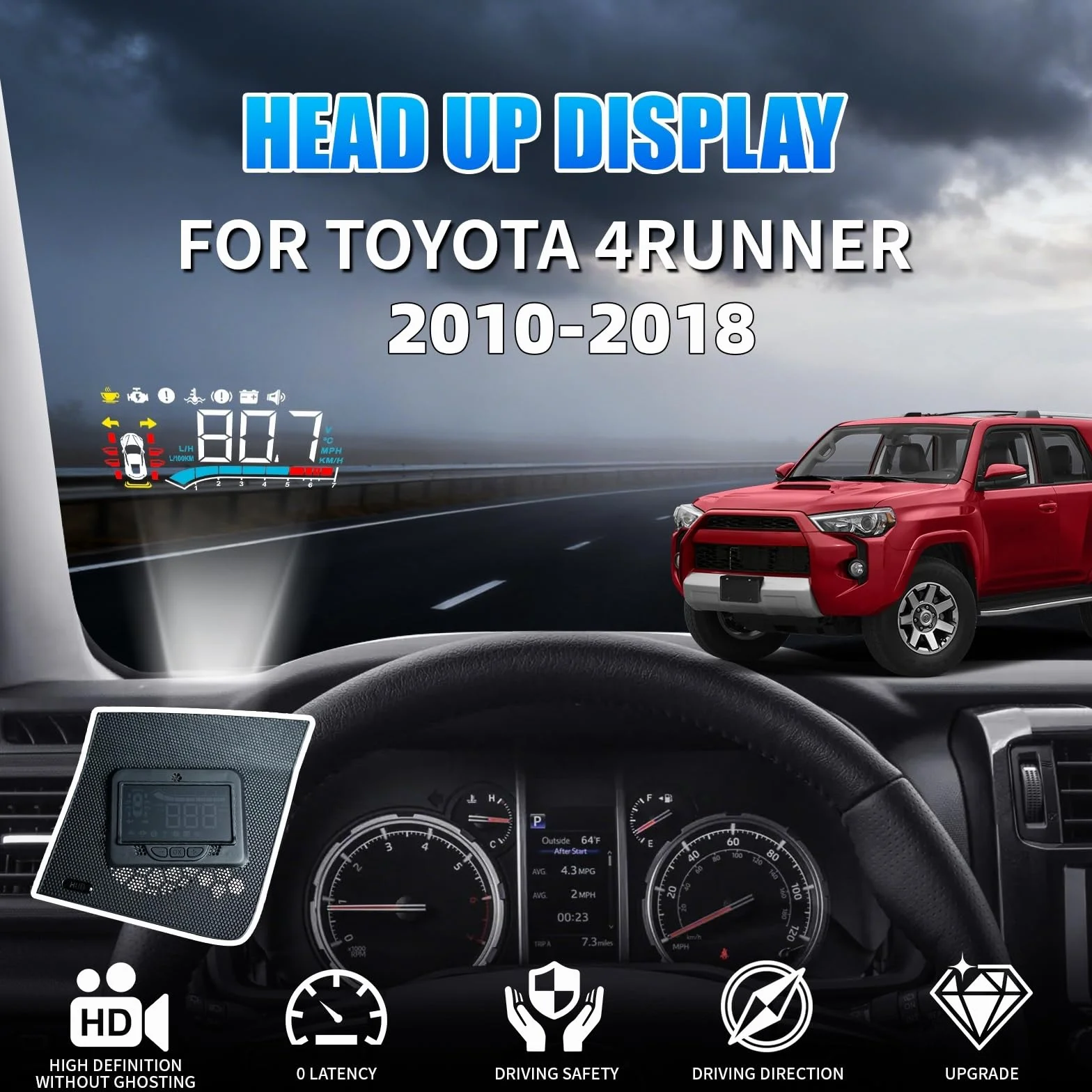 Samochodowy wyświetlacz Head Up do Toyoty 4Runner 2010-2018 - zamiennik osłony głośnika deski rozdzielczej, OBD Plug and Play, prędkość projektu na przedniej szybie, cyfrowy wyświetlacz HUD