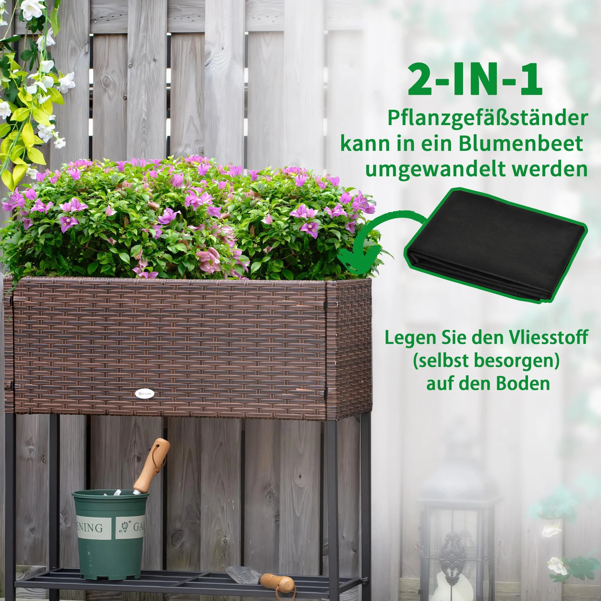 Outsunny podwyższona grządka z technorattanu skrzynka na kwiaty z nóżkami donica z półką kolor brązowy 70 x 30 x 70 cm