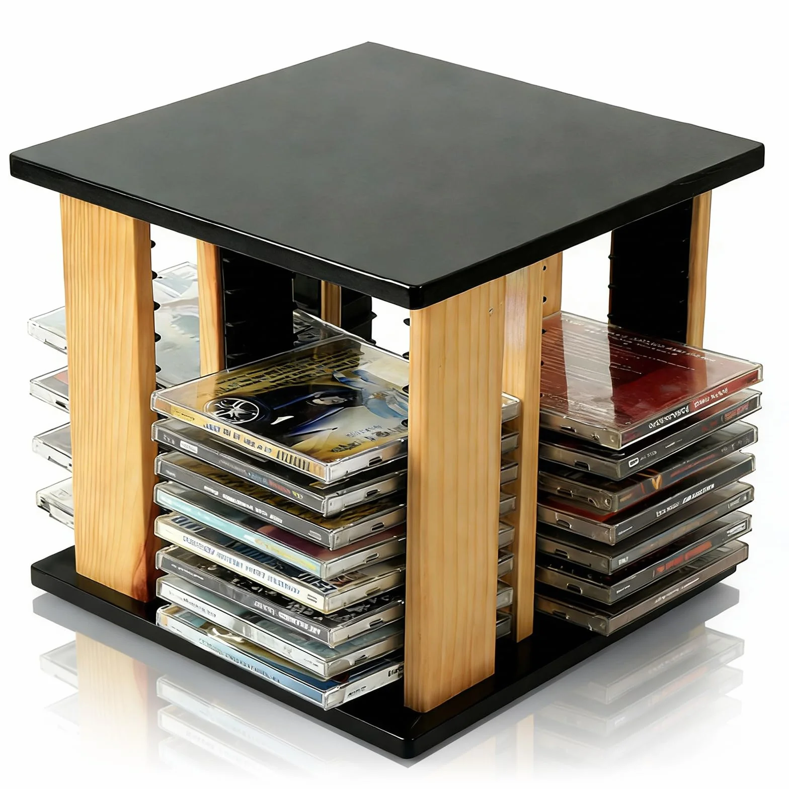 Wieża do przechowywania DVD, uchwyt na płyty winylowe, drewniany organizer na nośniki, obracana o 360°, 4-stronna do domu i biura, pasuje do płyt CD o wymiarach do 14 x 12,5 x 1,2 cm