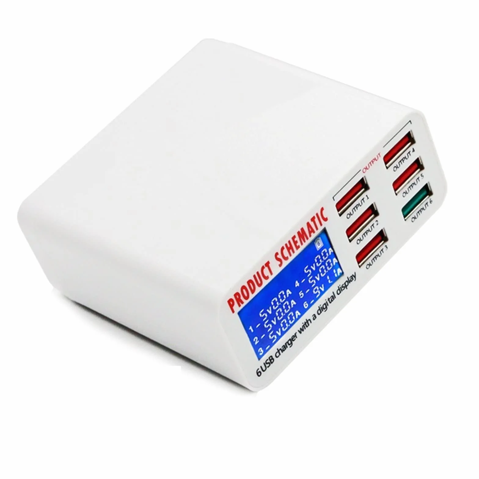 Ładowarka USB, 6A z cyfrowym wyświetlaczem LCD 6-portowa szybka inteligentna stacja ładująca do tabletów telefonicznych smartfonów, użytku w biurze domowym Przenośny(896)