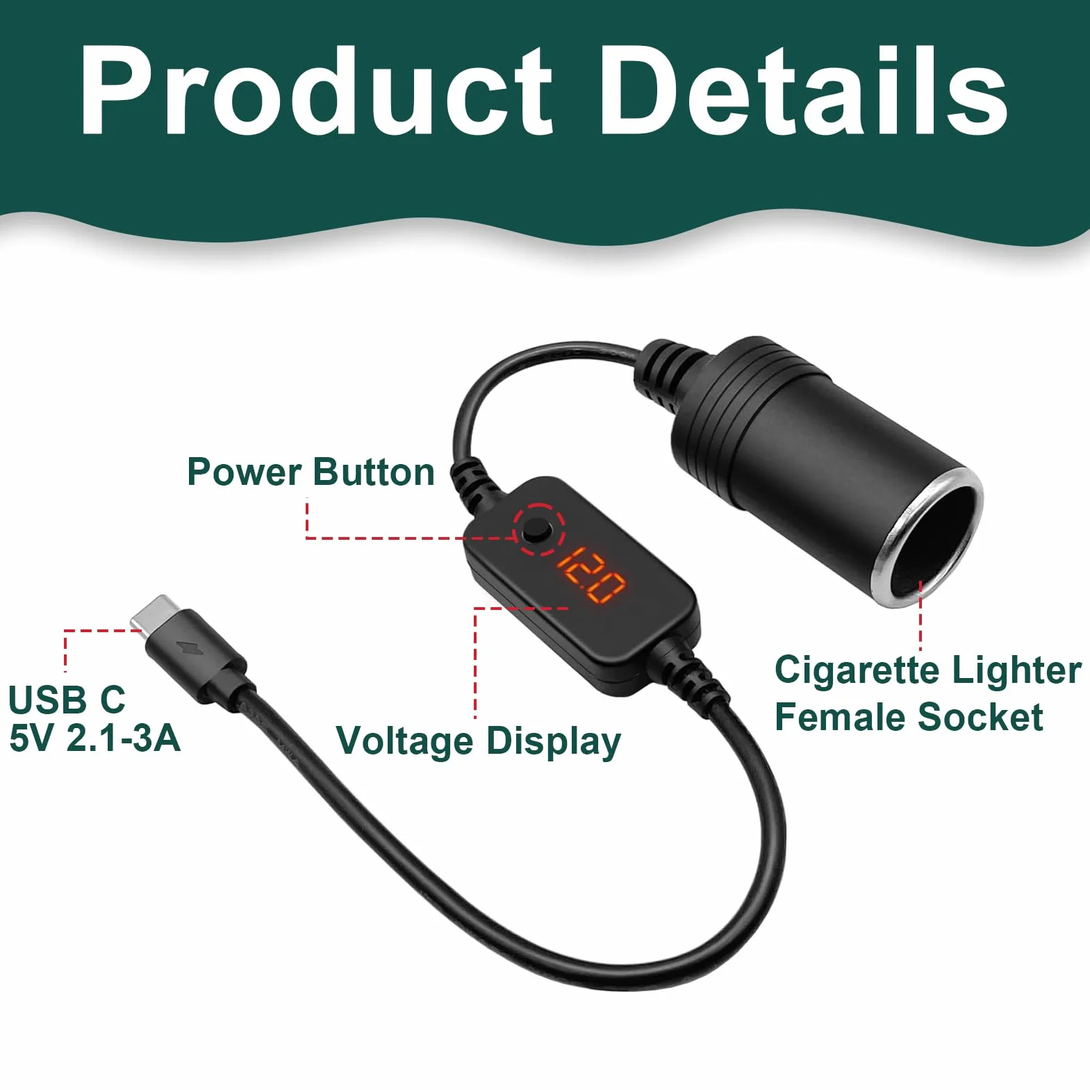 Adapter USB C na zapalniczkę, kabel USB C męski do zapalniczki samochodowej 12 V z wyświetlaczem LED i przełącznikiem, regulowane napięcie 5V, 9V, 12 V, 15 V, 20 V, do GPS, kamery, ładowarki
