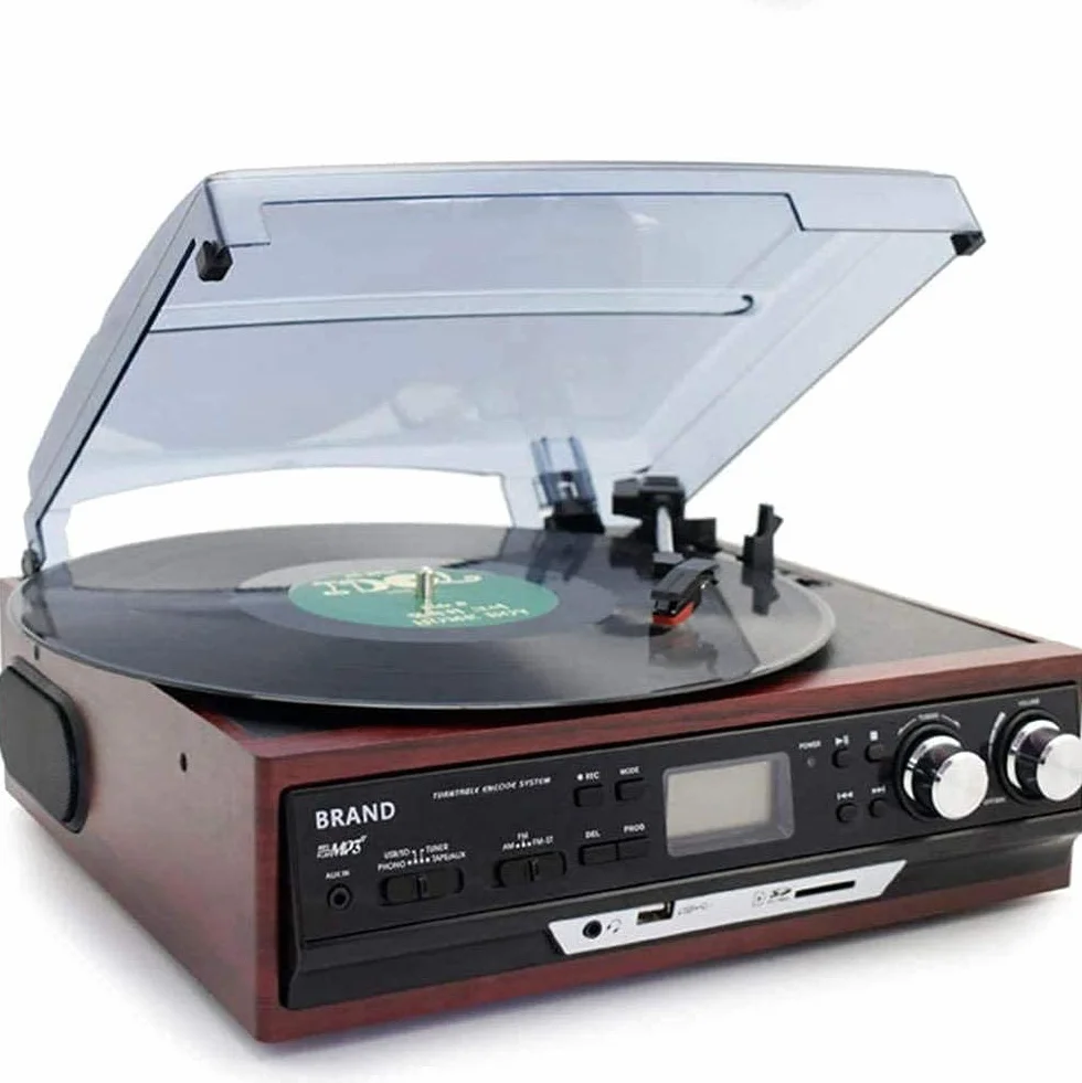 Gramofon – system retro 4 w 1 z radiem AM/FM, odtwarzaczem kasetowym, odtwarzaczem CD i dwoma głośnikami stereo do klasycznego odtwarzania muzyki