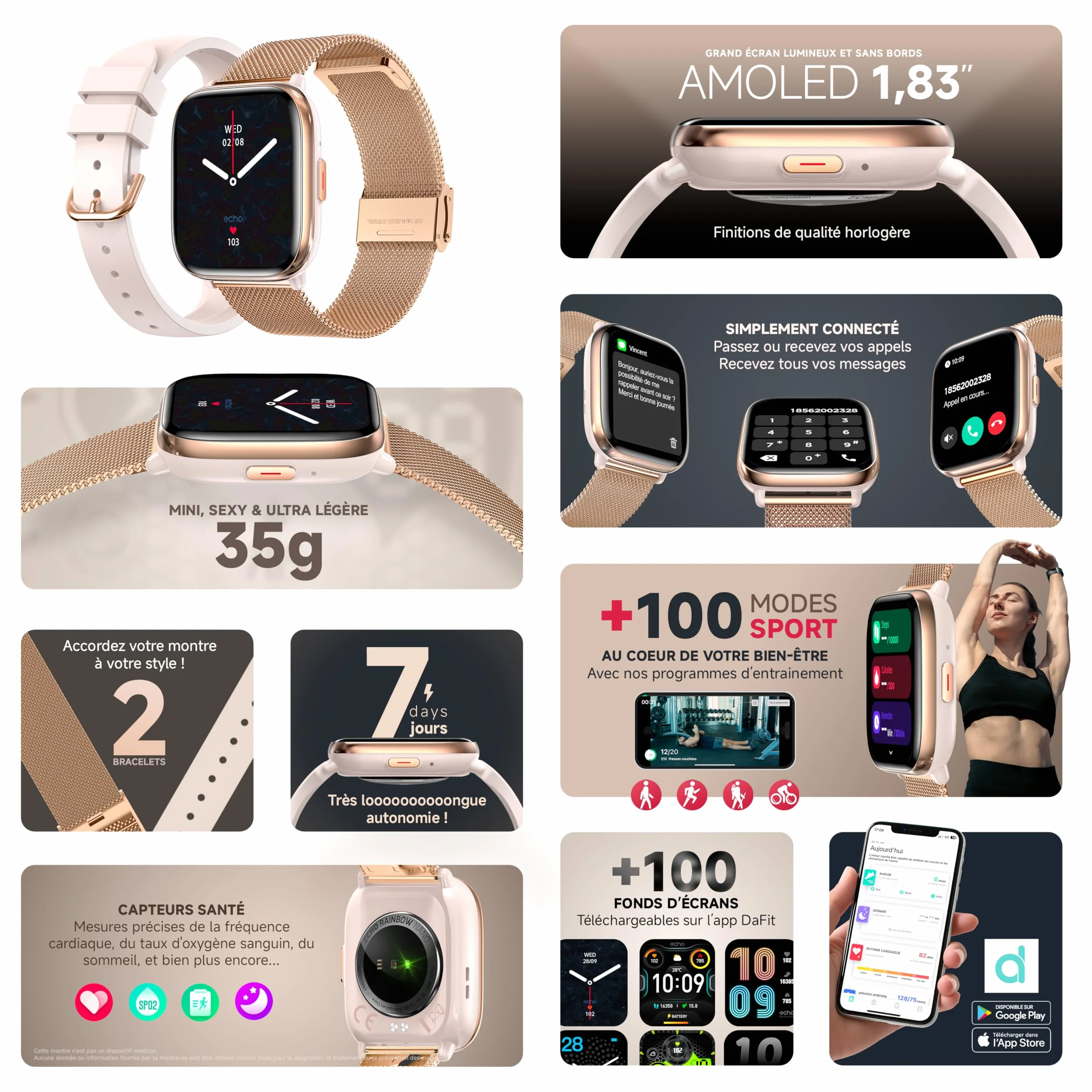 ECHO Rainbow Nano AMOLED damski smartwatch 1,83'' różowe złoto, połączenie Bluetooth/bezprzewodowe i czujniki zdrowia, tryby sportowe z trenerem, 2 metalowe bransoletki i gumka, mini, lekki i