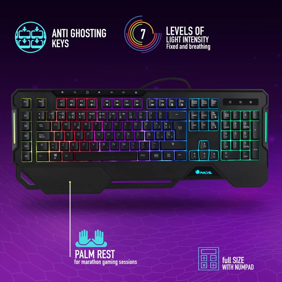 NGS GKX-450 klawiatura membranowa do gier z oświetleniem RGB, włoska klawiatura QWERTY, programowalna, 19 klawiszy multimedialnych, kabel 1,8 m, czarna