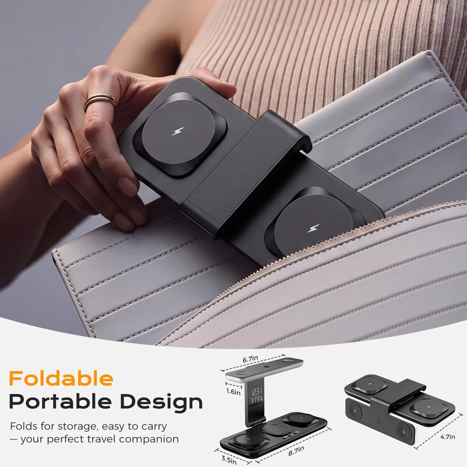 Stacja Ładująca Qi2 15W TEC Cooling 4 w 1, Składana Bezprzewodowa Ładowarka do iPhone 17/16/15/14/13, Apple Watch i AirPods, Lampka LED, Zegar Temp Wilgotności, Biurkowa Stacja Nocna，Czarny