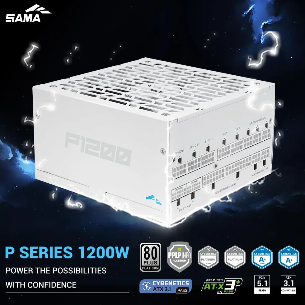 Zasilacz SAMA P1200 1200W Platinum, ATX 3.1, wpełni modularny, biały | PCIe 5.1, certyfikat 80 Plus Platinum i Cybenetics, japońskie kondensatory, ultra-cichy wentylator 140 mm FDB