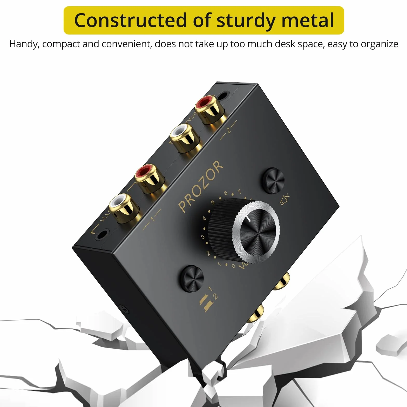 PROZOR Przełącznik audio stereo 3,5 mm i RCA – 2 (1)-In-1 (2)-Out rozdzielacz AUX L/R RCA dwukierunkowy przełącznik selektora, regulacja głośności i przycisk wyciszenia, pasywny konwerter do głośników