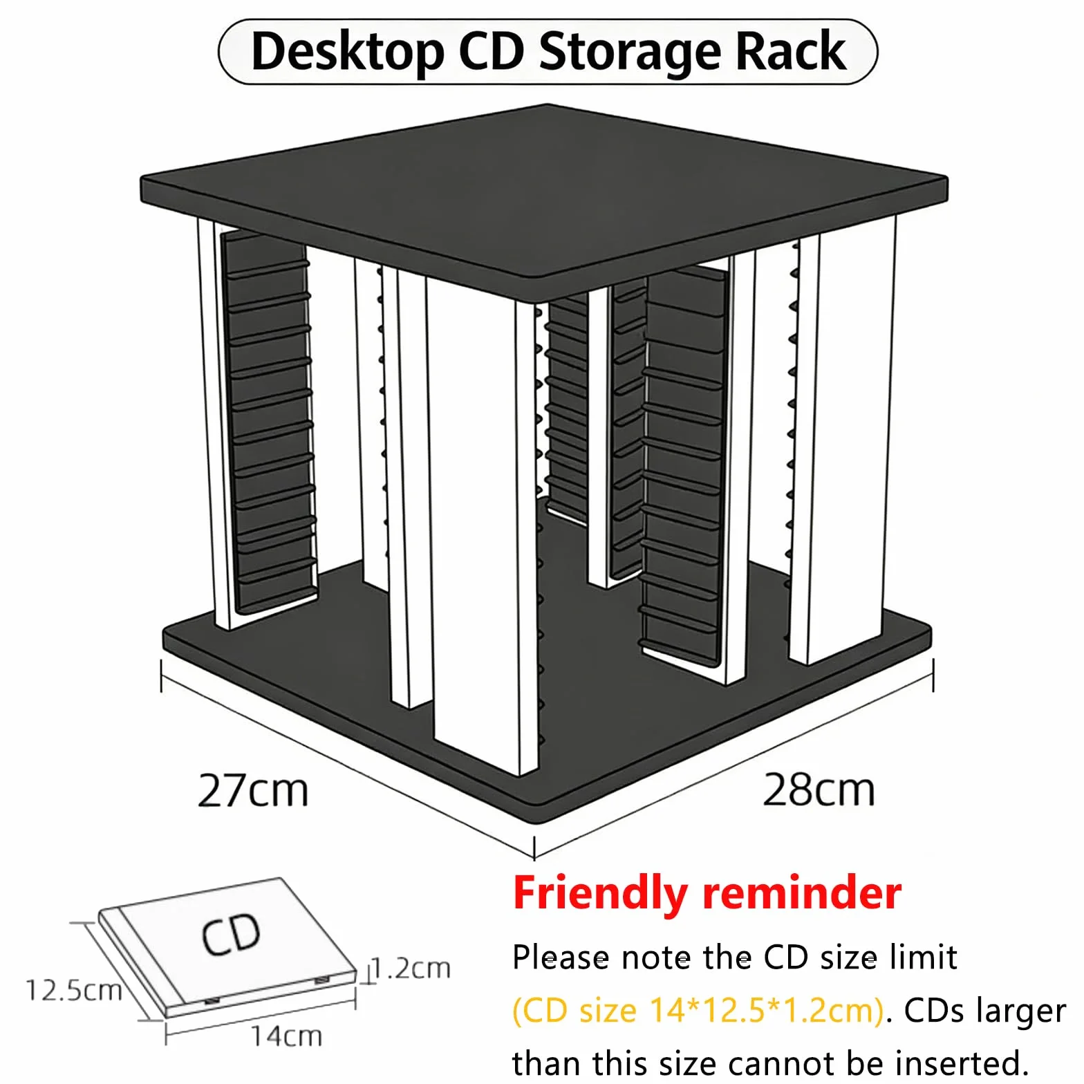 Wieża do przechowywania DVD, uchwyt na płyty winylowe, drewniany organizer na nośniki, obracana o 360°, 4-stronna do domu i biura, pasuje do płyt CD o wymiarach do 14 x 12,5 x 1,2 cm