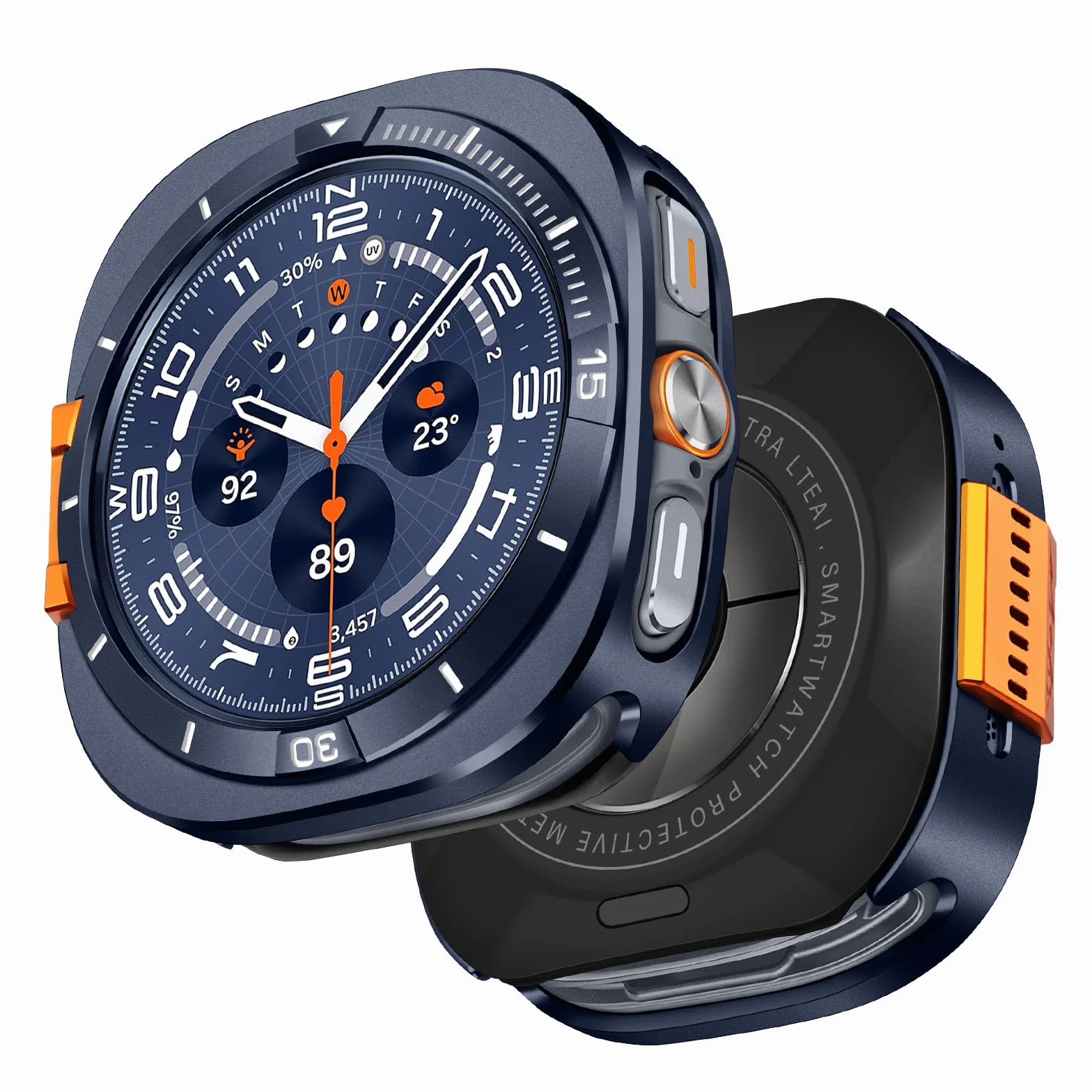 Wytrzymały metalowy futerał kompatybilny z Samsung Galaxy Watch Ultra (2025/2024) 47 mm, metalowa obudowa ochronna z tylną klapką do Galaxy Watch 7/8 Ultra, niebieski/biały