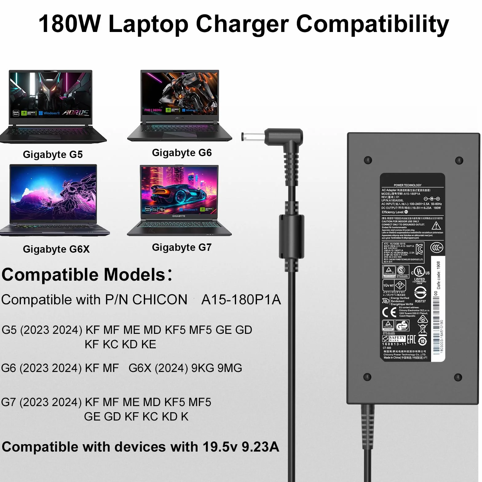 Ładowarka Gigabyte 180 W do oryginalnego Gigabyte G5 kf5 md gd kd kf G6 k9 kf | (2023 2024) Aero 14 15 15X, Aorus 7 SA WA X3 P57W V6-CF2 zasilacz do laptopa do gier zasilacz