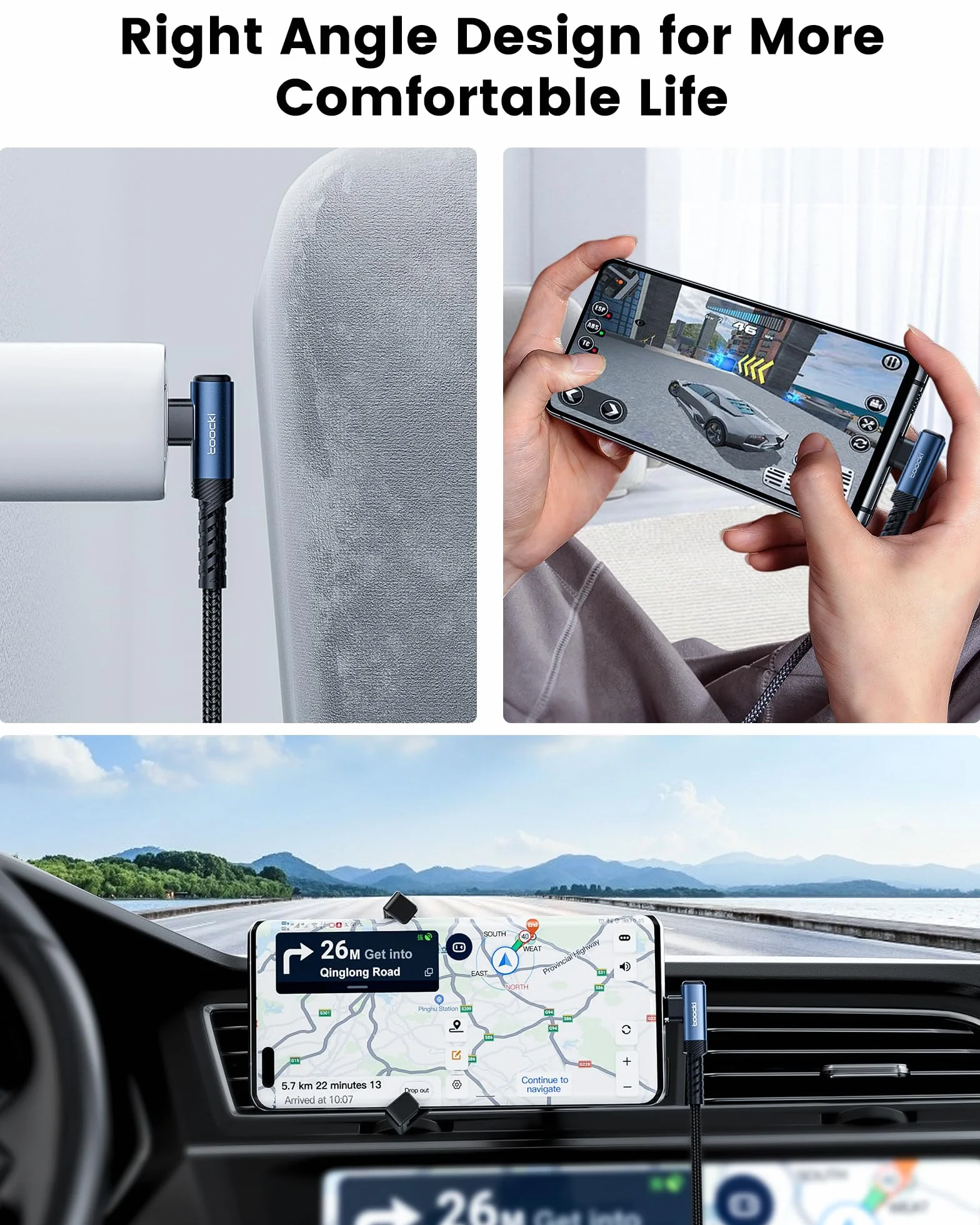 toocki Kabel USB C do USB C kątowy 60W, wytrzymały nylonowy pleciony kabel USB do ładowania, kompatybilny z iPhone 15 Plus Pro Max, MacBook Pro, iPad, Galaxy S24 Plus (2M+2M)