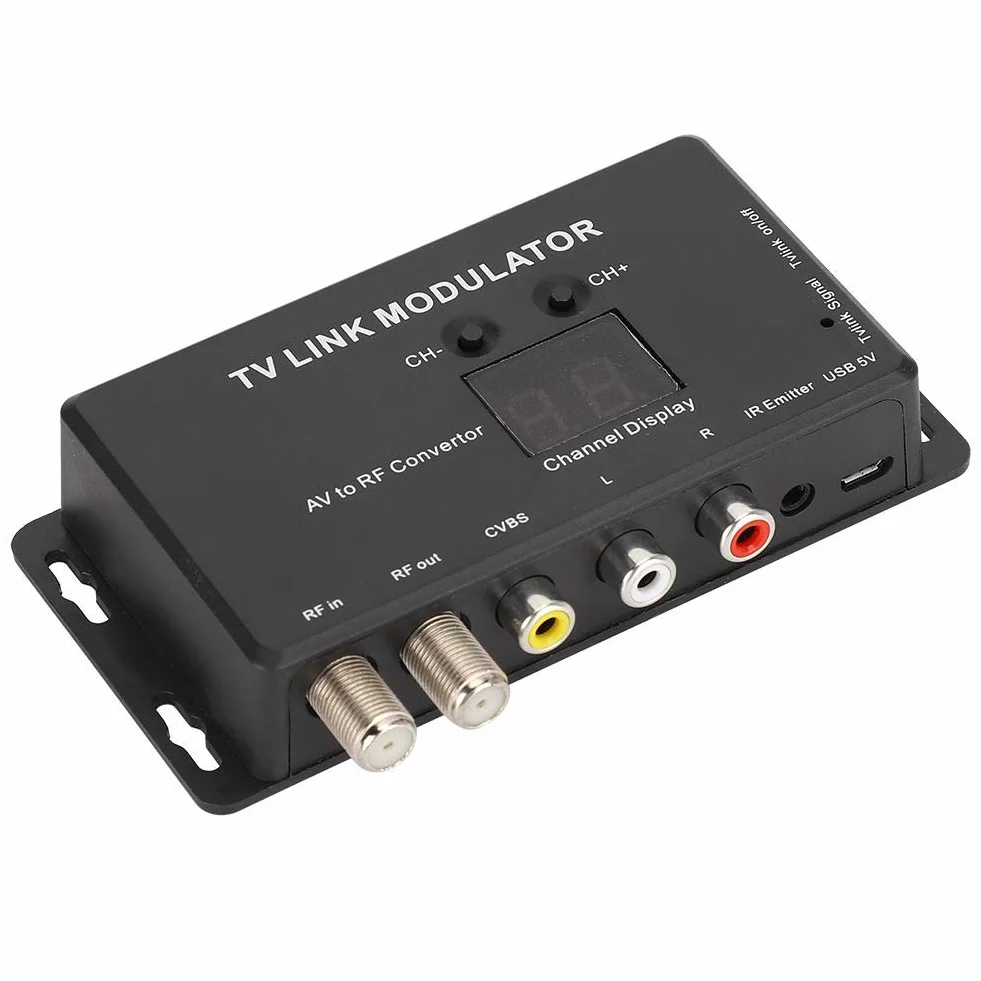 ASHATA UHF modulator, TM70 UHF TV LINK Modulator Konwerter AV na HF Przedłużacz podczerwieni z wyświetlaczem kanałów, obsługuje PAL/NTSC z kablem USB do ładowania laptopa