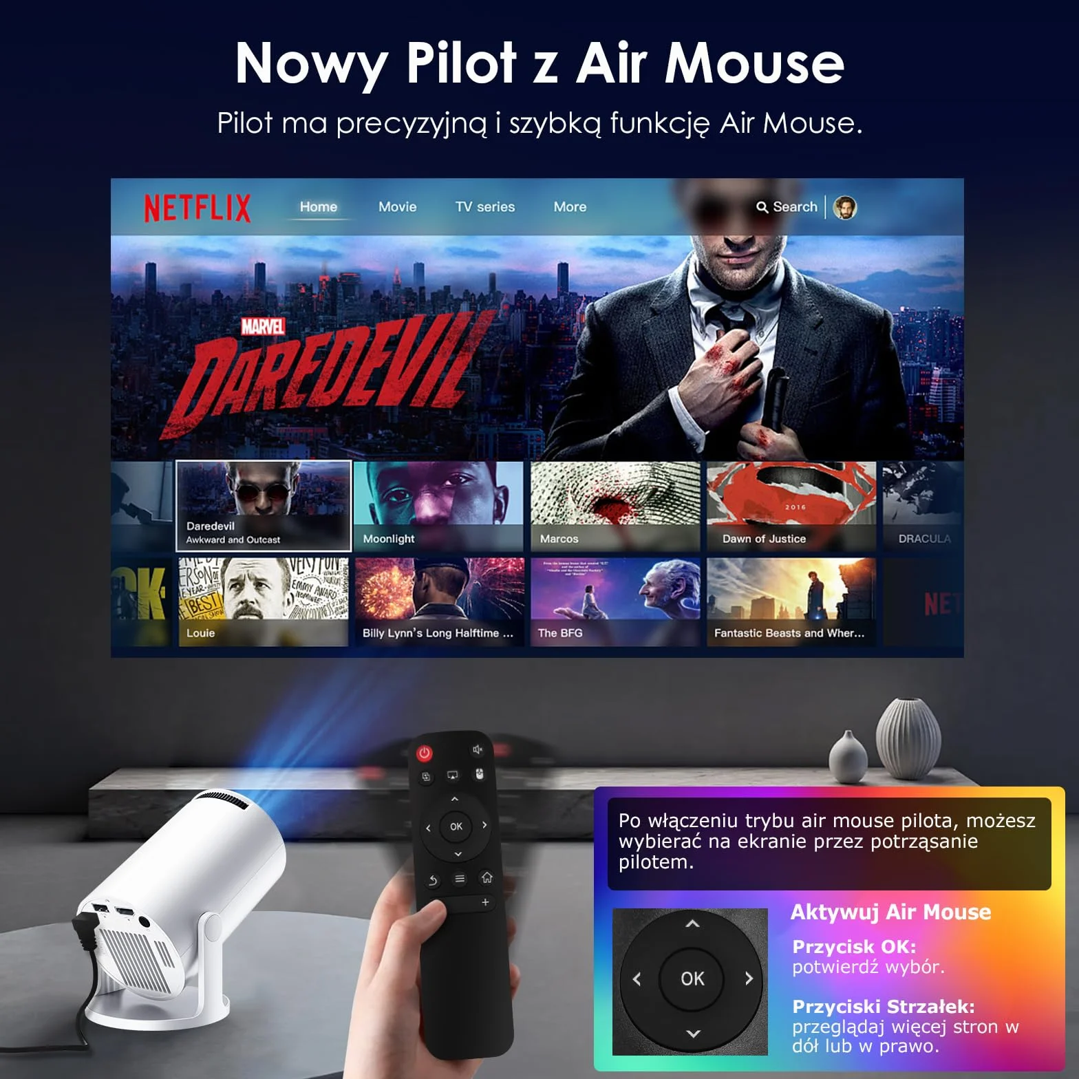 WOLFANG Projektor, Ulepszony Mini Projektor 2026, Projektor do Sypialni z Obsługą 1080P Full HD, WiFi 6 i Bluetooth 5.4, Obrót 180°, Kompatybilny z iOS/Android/TV Stick