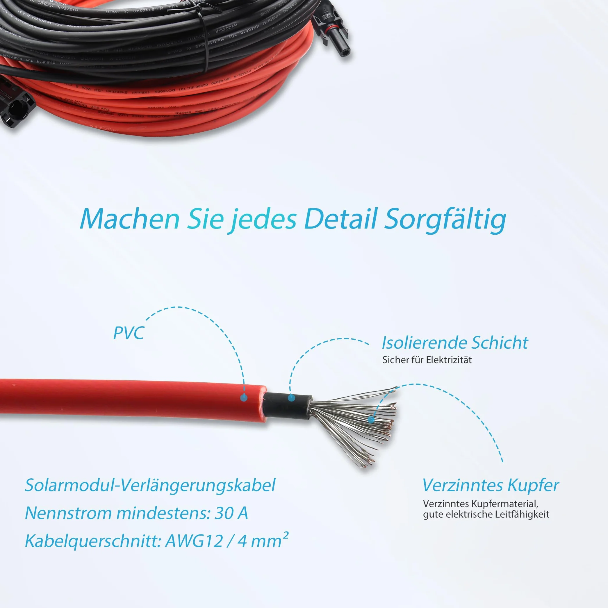 Przedłużacz Kabla Solarnego, 4 mm² 1/3/5/10/15/20 m, Kabel Solarny, Fotowoltaiczny, Kabel Połączeniowy, Wtyczka Solarna, Klasa Napięcia 1000 V, IP68, Wodoszczelna Wtyczka (4 mm²/20 m)