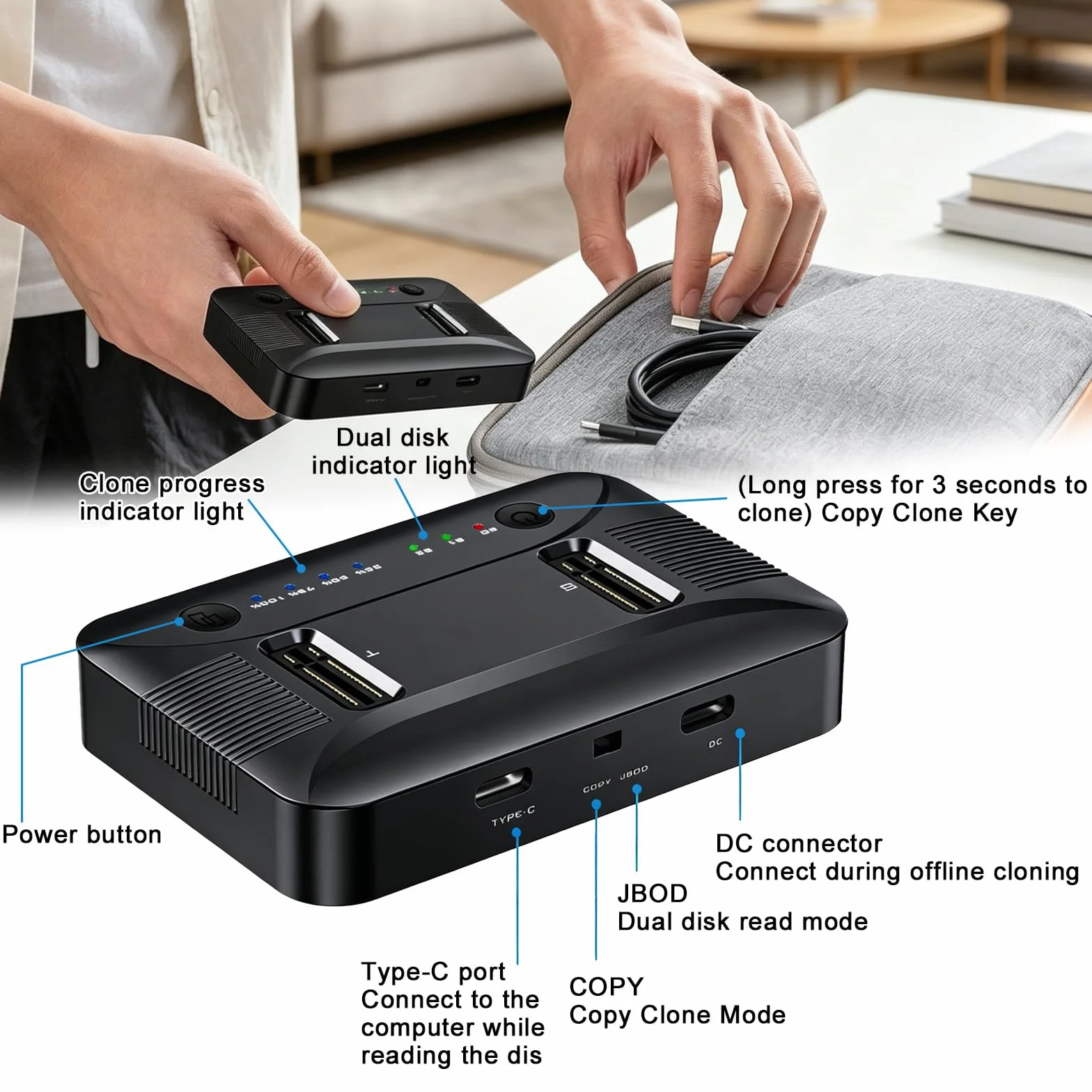 M.2 NVMe SATA SSD Clone Dock, USB 3.2 Gen 2 x 2 20 Gbps Dual Bay M2 NVMe SSD obudowa Docking Station Reader Duplicator z klonowaniem offline dyski twarde, stacja dokująca Clone Station do 2230/2242