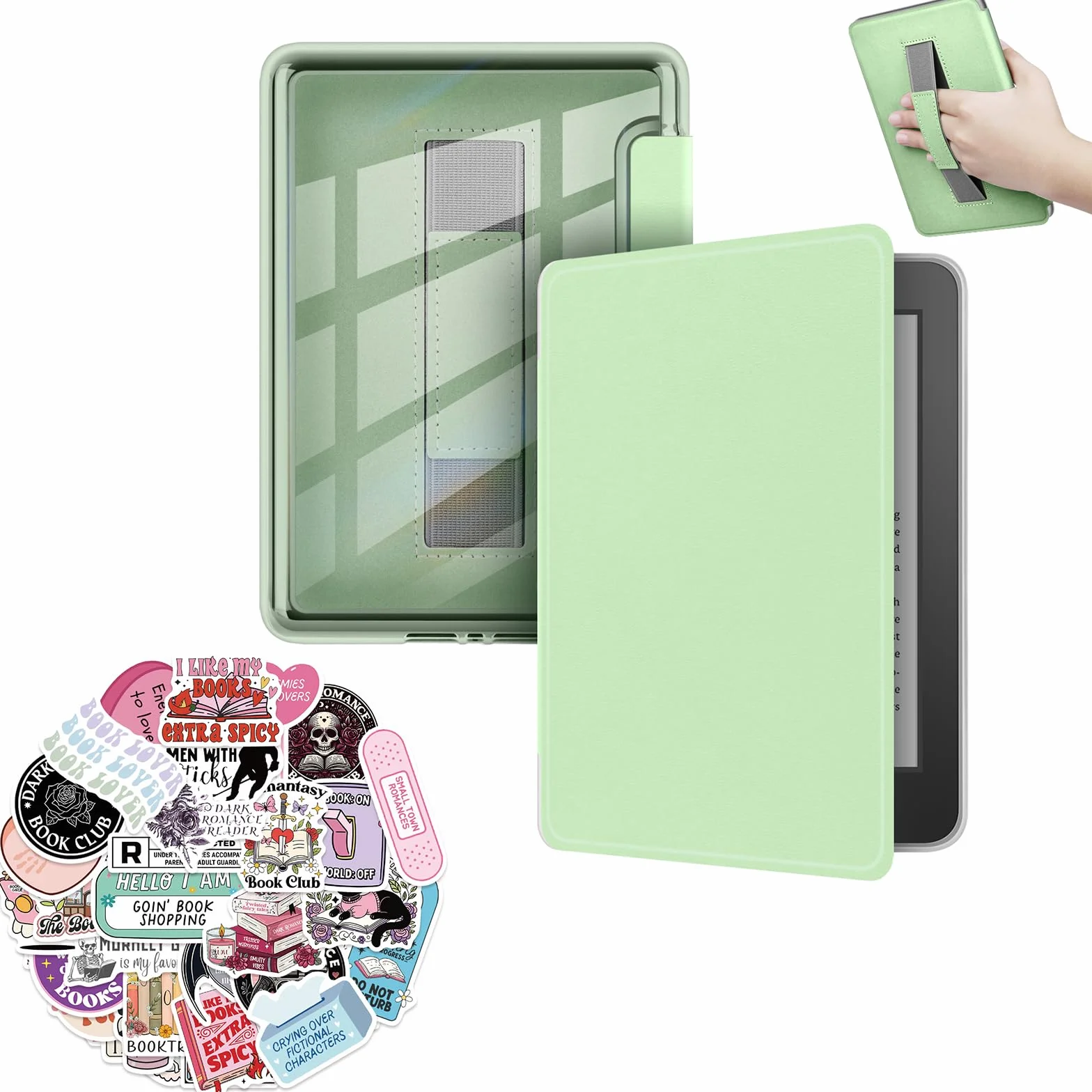 Etui na Kindle 15.2 cm 2024 i 2022 (11. generacji) z naklejkami, pokrowiec z PU + przezroczysty twardy tył TPU z paskiem na rękę, automatyczne uśpienia/budzenie (matcha-green)