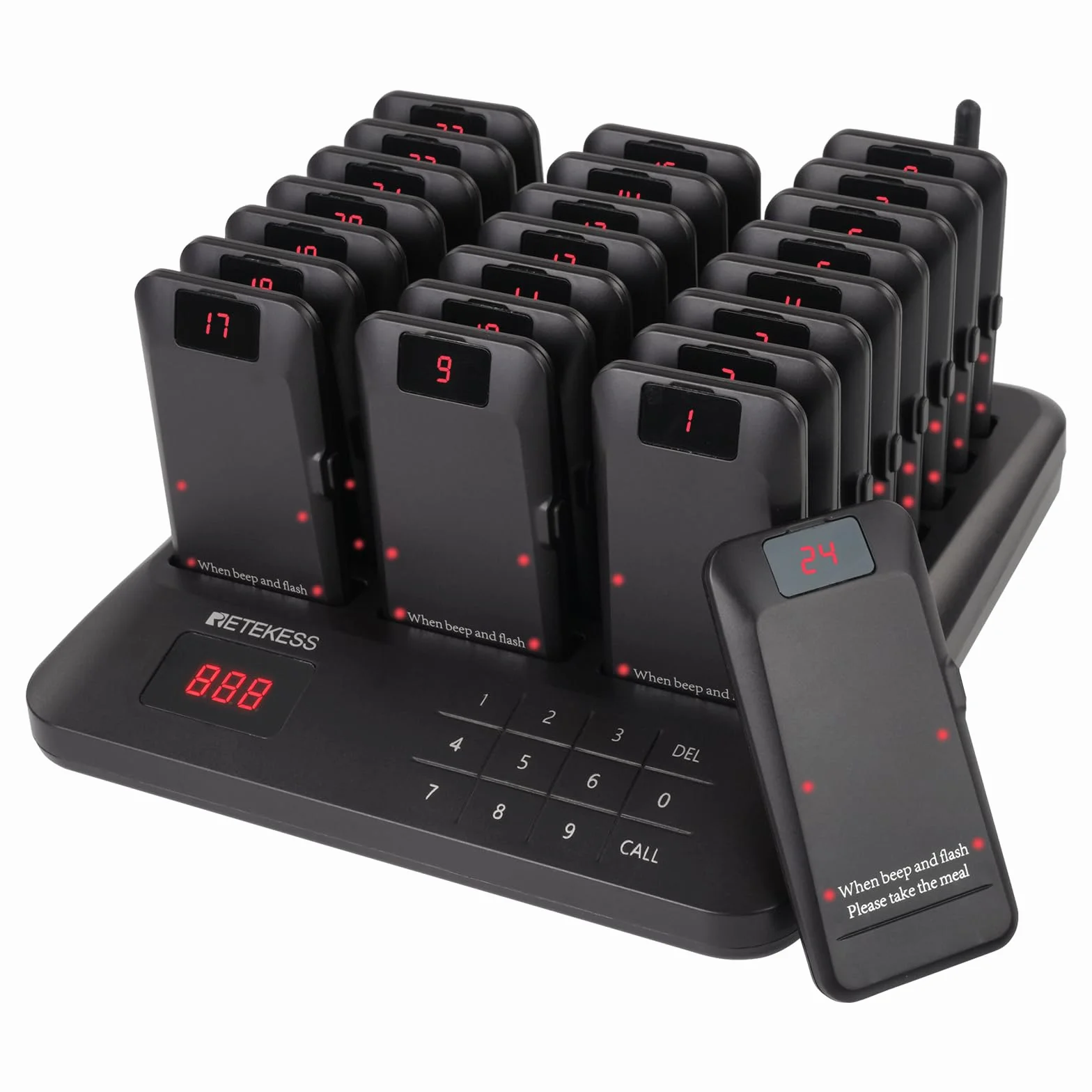 Retekess TD157P Bezprzewodowy System Przywoławczyi, 24 Pagerów, 800M, 39 Wzorców Połączeń, Bateria 300 mAh 24H, System Przywoływania Gości Nadaje Się do Food Courtów, Centrów Handlowych, Placów Zabaw