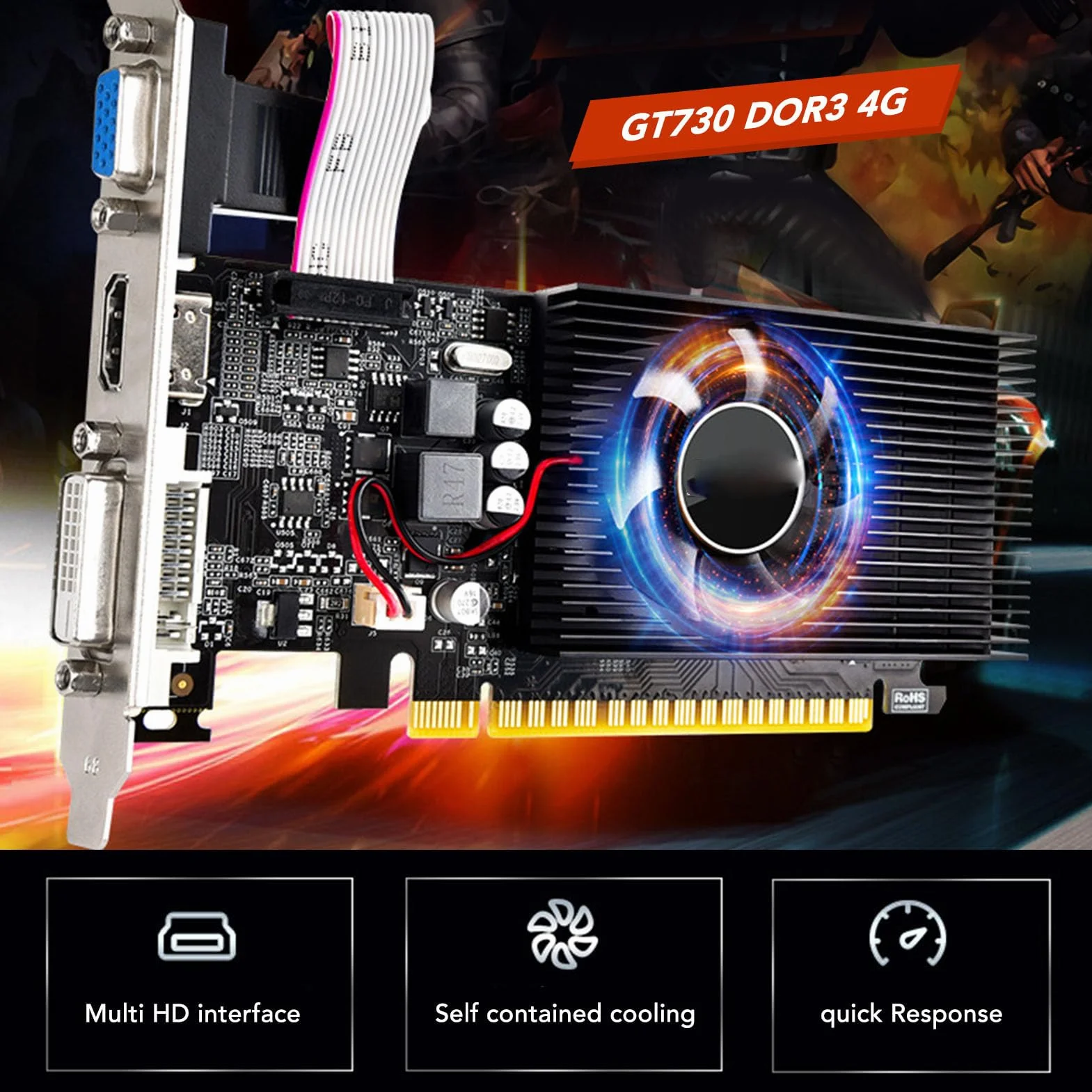 Karta Graficzna GT730 4G DDR3 128bit, Karta Graficzna do Gier Stacjonarnych z Wyjściem DVI VGA HDMI, PCI Express 2.0 X16, z Wentylatorem Chłodzącym
