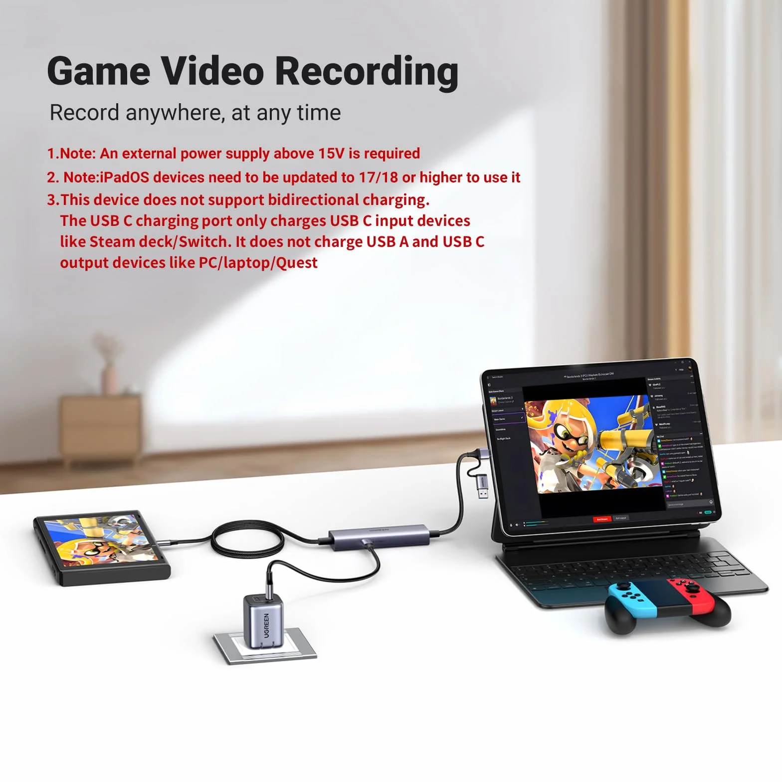 UGREEN 4K Video Capture Card and PD 100W Charging, USB-A/USB C Video Capture Card do nagrywania Full HD 4K, 2K@30Hz i szybkiego ładowania, urządzenie do przechwytywania wideo dla Switch/Phone/PC