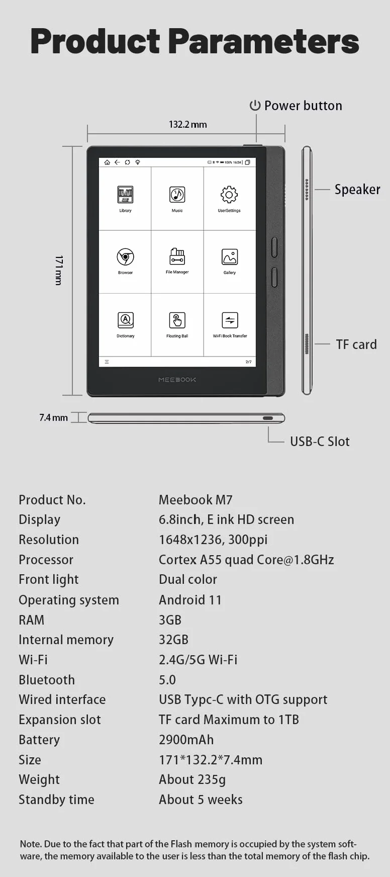 Meebook E-Reader M7 | 6.8' Eink Carta Screen | 300PPI Smart Light | Android 11 | Ouad Core Processor | Out Speaker | Support Google Play Store | 3GB+32GB Storage | Micro-SD slot | Gray