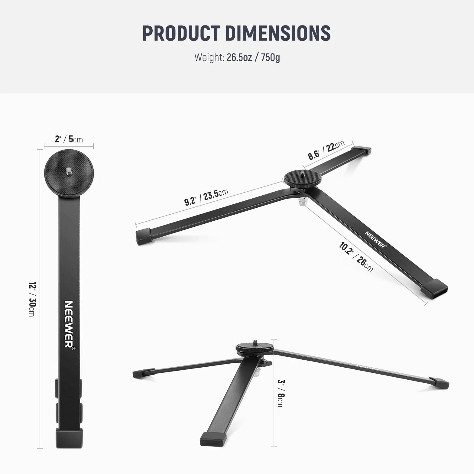 NEEWER CTN5 metalowa podstawa do statywu TL120C TL60 CL124 Tube Light Wall Stick, bardzo stabilne, składane nogi statywu ręcznego ze śrubą 1/4", podkładka silikonowa, 3"/8 cm Low Angle