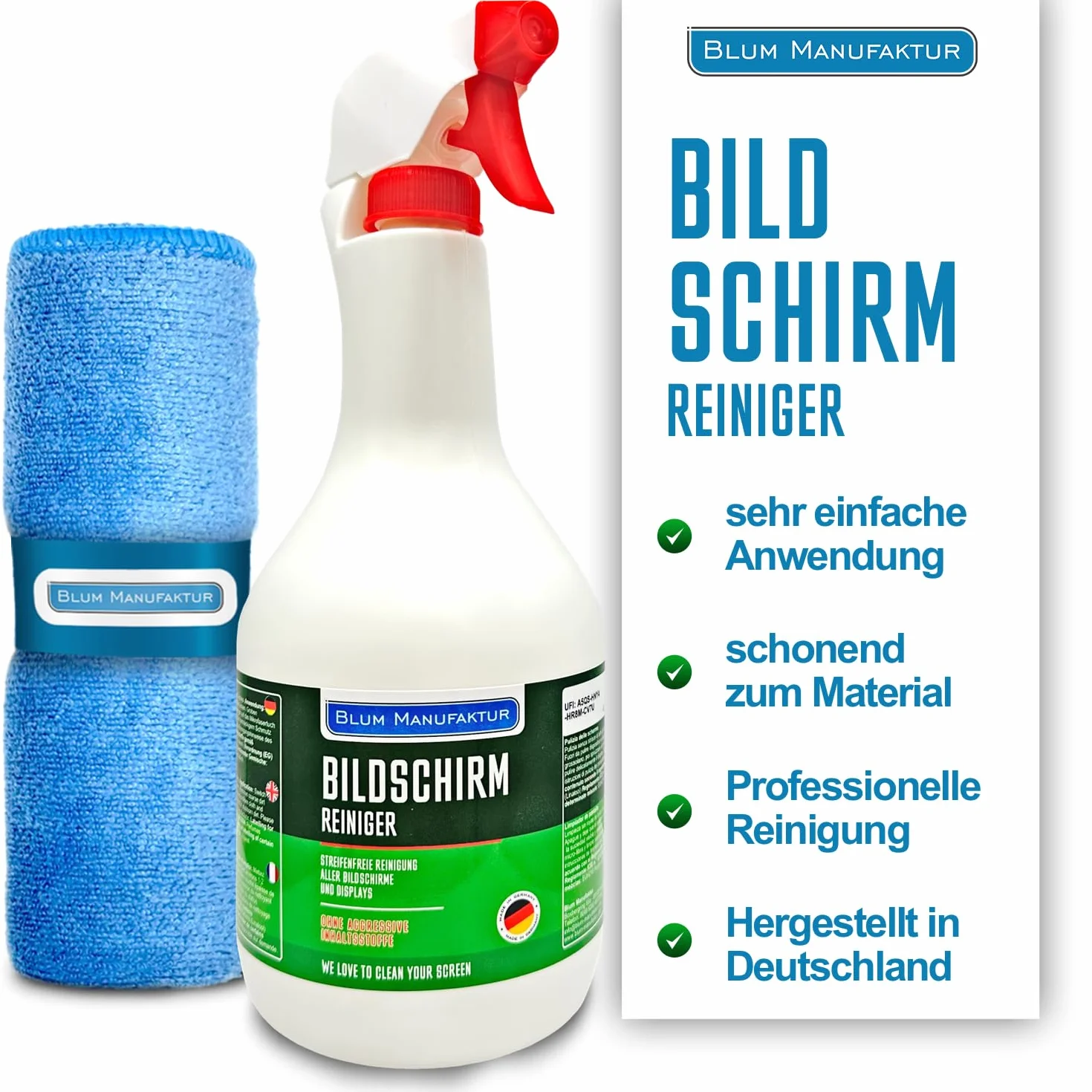 BLUM MANUFAKTUR Środek do czyszczenia ekranu 1 x 1000 ml + 30 x 30 cm ściereczka z mikrofibry super miękka 365 GSM - Screen Cleaner - środek do czyszczenia wyświetlacza