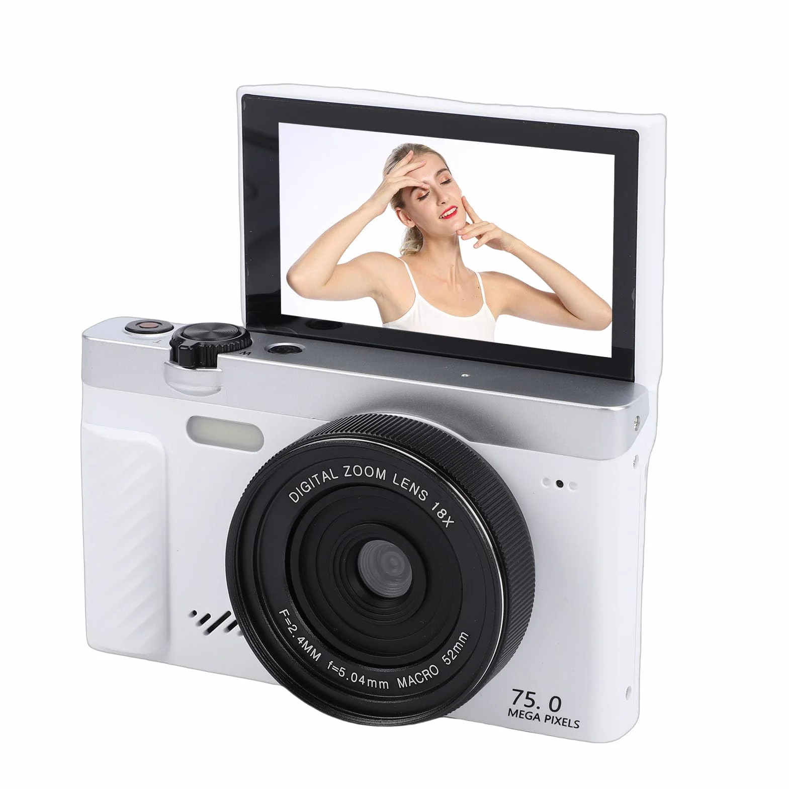 Cryfokt Cyfrowy Aparat Fotograficzny 4K do Fotografii, 4K 75 MP z 18-krotnym Zoomem WiFi Bezlusterkowy Zoom Cyfrowy Kompaktowe Aparaty Retro z 3,0-calowym Flip-screenem Funkcja (WHITE)