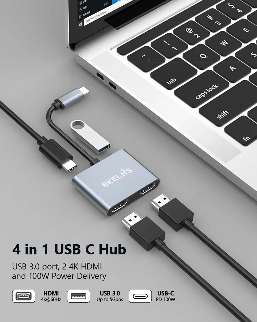 Adapter USB C na podwójny HDMI 4K 60 Hz, rozdzielacz typu C na HDMI do 2 monitorów, 4 w 1 Hub USB C 2 HDMI, USB 3.0, 100 W PD, rozszerzony wyświetlacz do MacBooka Air/Pro Thunderbolt 4, wieloportowy klucz sprzętowy z dwoma ekranami