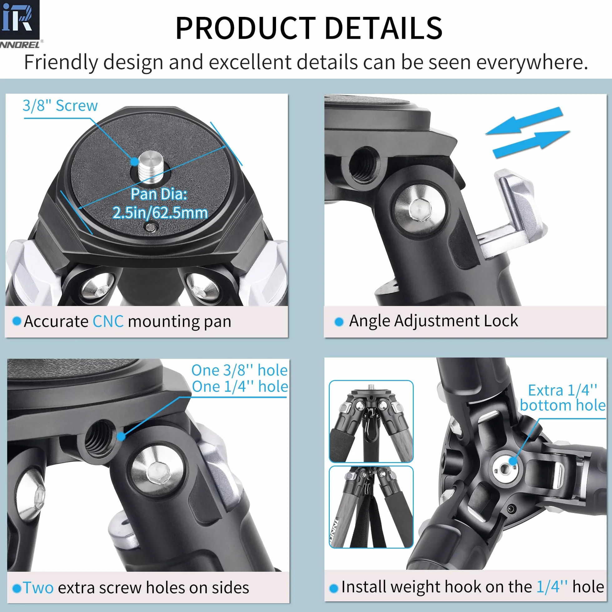 Profesjonalny przenośny statyw INNOREL KT324C z włókna węglowego, kompaktowy, do cyfrowych lustrzanelek DSLR, obciążenie 25 kg, rurka 32,5 mm