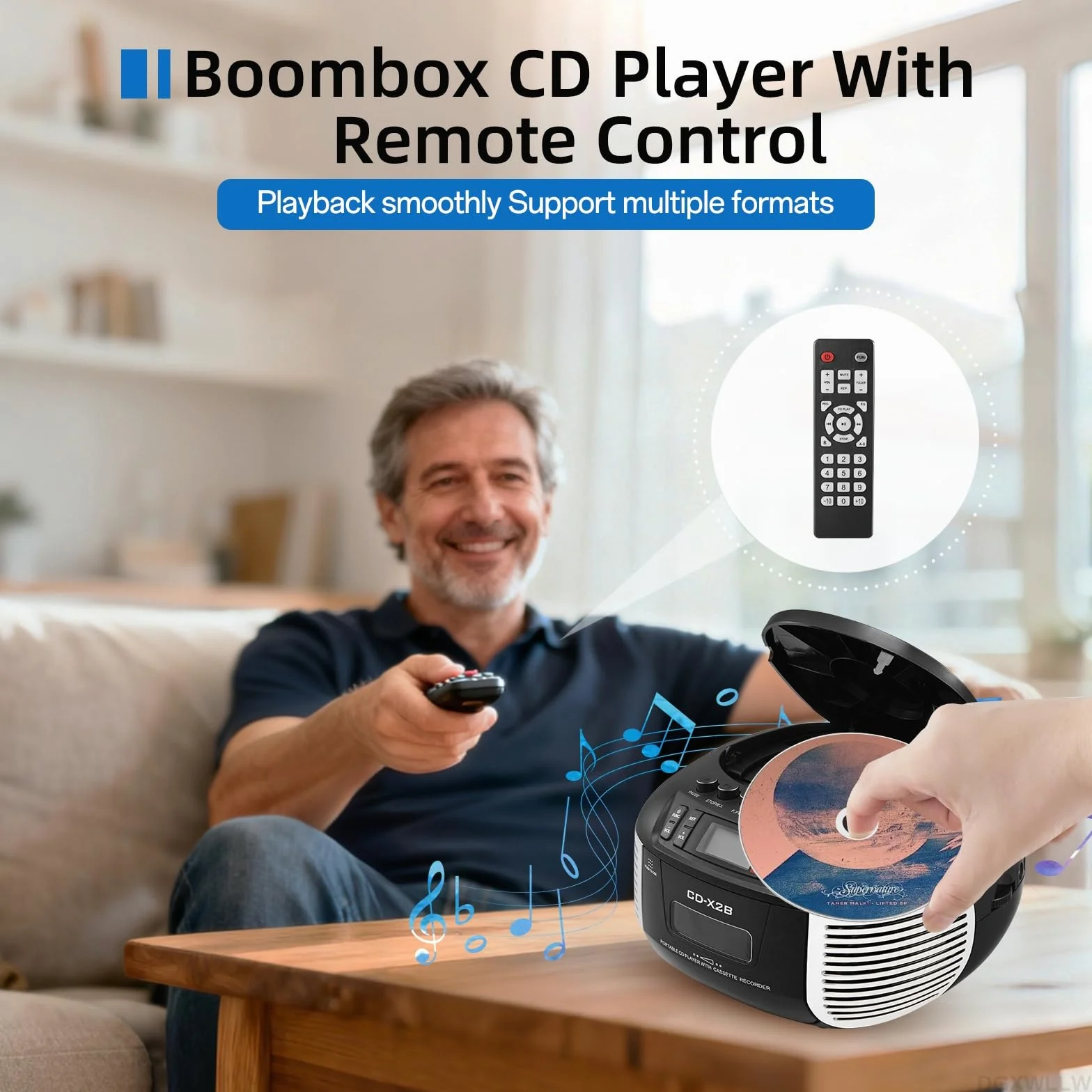 Zestaw odtwarzaczy CD i kasetowych, odtwarzacz CD Boombox z radiem FM/Bluetooth/AUX/USB/nagrywanie taśmy, pilot zdalnego sterowania, gniazdo słuchawkowe, wyświetlacz LCD, podwójny dźwięk