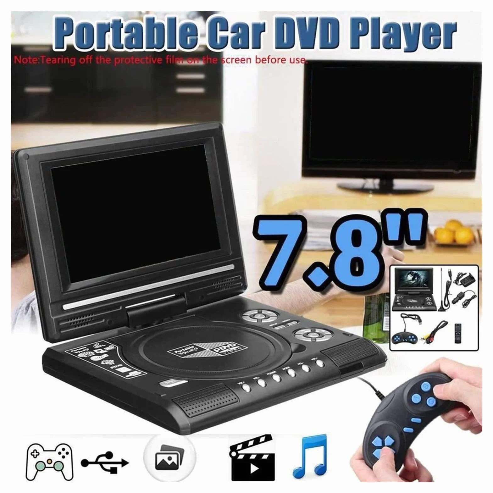 Odtwarzacz DVD Samochodowy system multimedialny 7,8-calowy odtwarzacz z ekranem Przenośny wysokiej rozdzielczości Vcd Mp3 Dvd Usb Z TV/FM/USB, Zgodność Z Wieloma Formatami