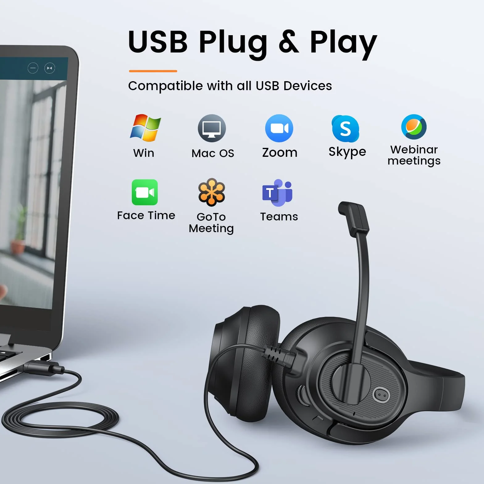 Zestaw słuchawkowy z mikrofonem do laptopa, przewodowy zestaw słuchawkowy do komputera z regulacją głośności i mikrofonem, lekkie słuchawki PC do biura Call Center Skype (nauszny zestaw