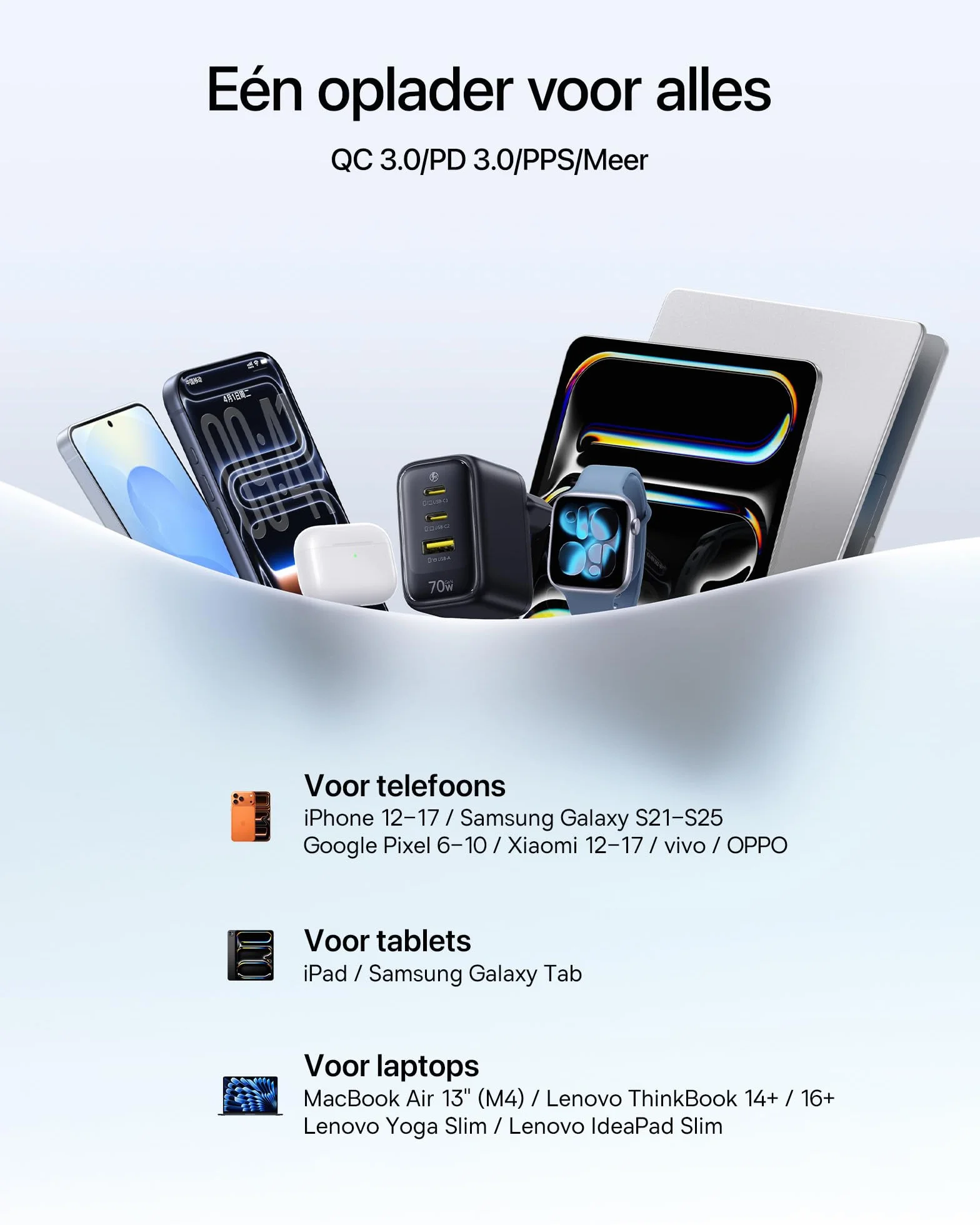 Baseus Enerfill ładowarka USB C 70 W, 2 sztuki, 3-portowa ładowarka GaN6, kompaktowy zasilacz sieciowy do MacBook Air, iPhone 17/16/15 Pro Max, iPad Pro, Galaxy S25/S24, Pixel, laptopa i wielu innych