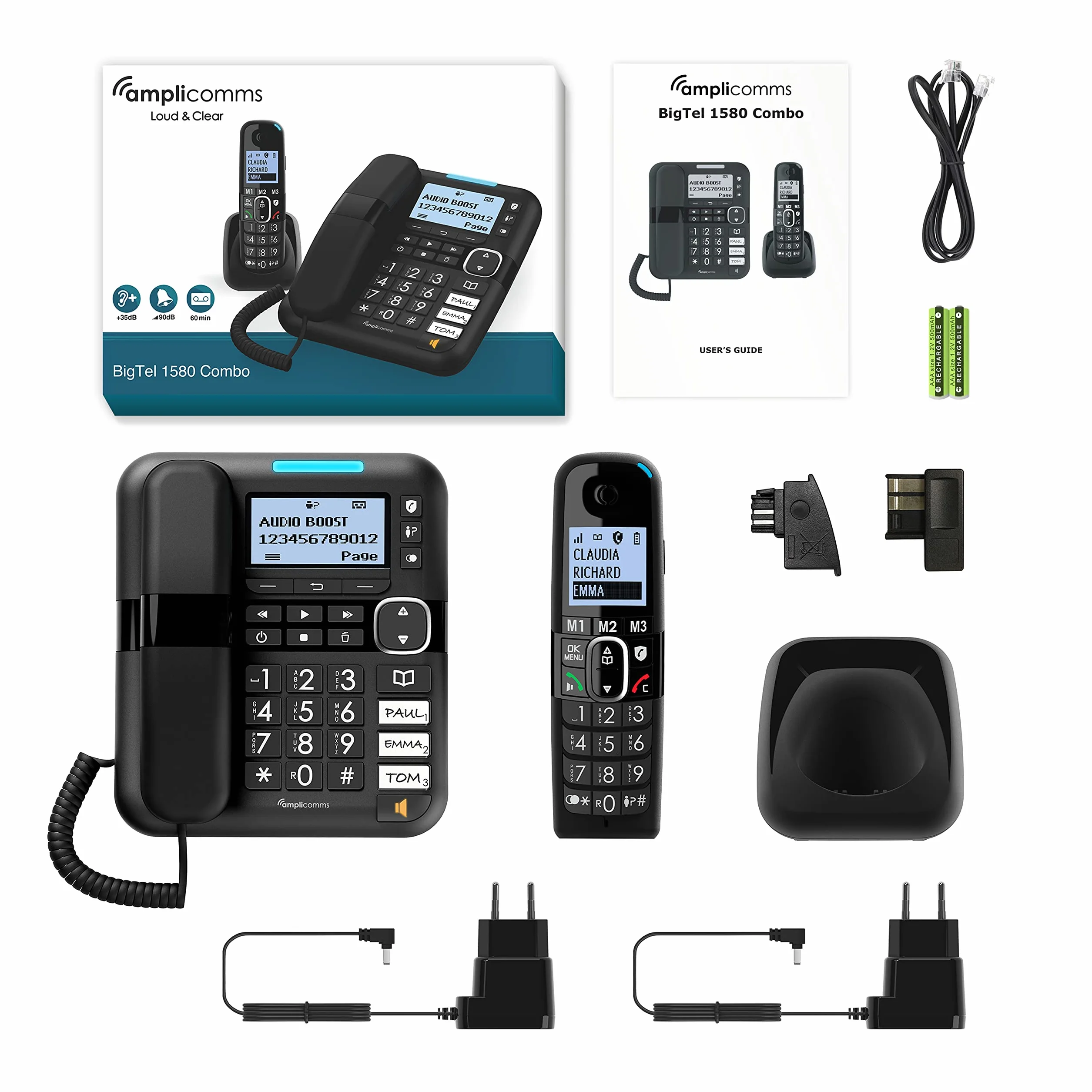 Amplicomms BigTel 1580 Combo, telefon przewodowy z dużymi przyciskami z automatyczną sekretarką i słuchawką bezprzewodową, wzmocnienie dźwięku, mocne dzwonki, kompatybilny z aparatami słuchowymi