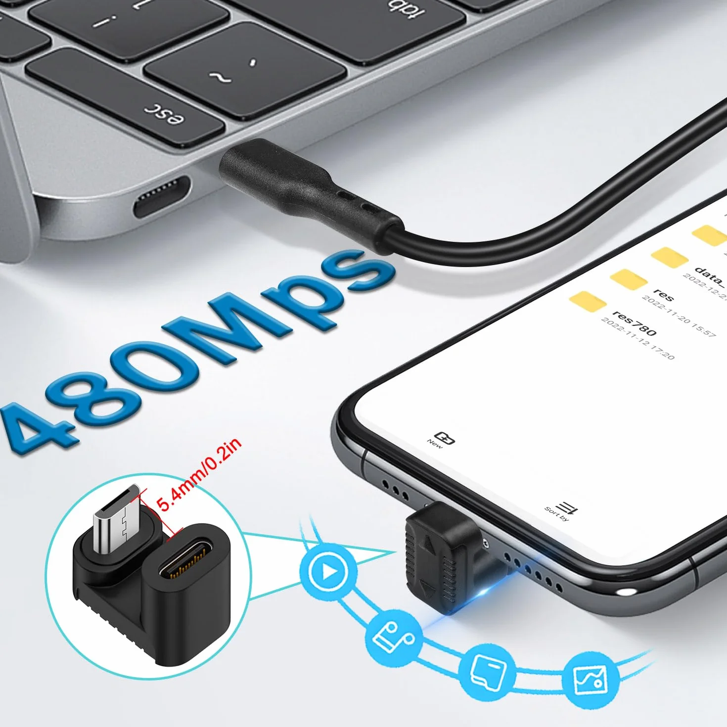 QIANRENON USB C na Micro USB ładowanie, dane w kształcie litery U, złącze typu C, wtyczka micro USB, kąt 180 stopni, adapter do dołu 10 W 480 Mbps, podziałka w kształcie litery U 5,4 mm, 2 szt.