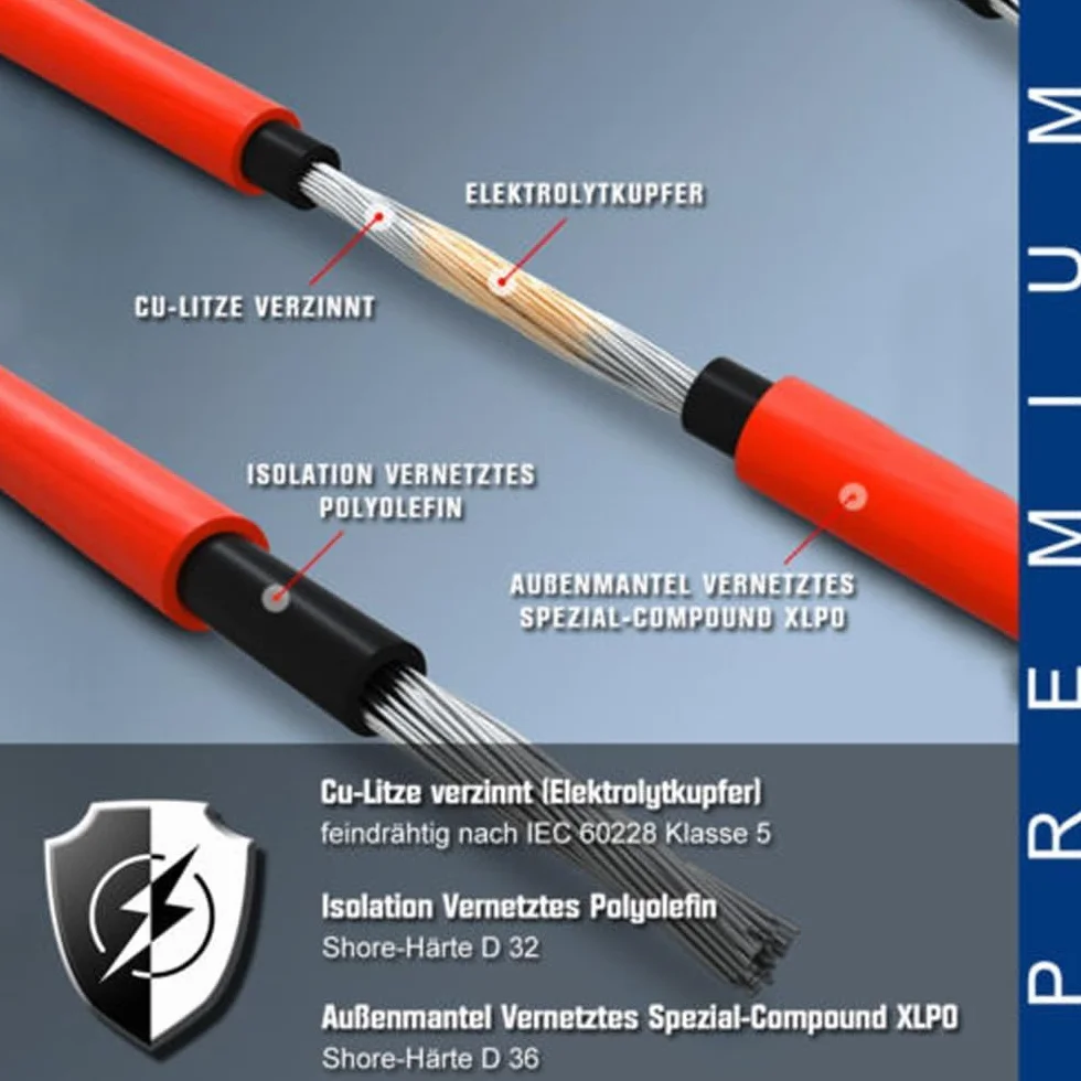 2-pak czerwony + czarny 50 + 50 m | 10 mm² 7AWG maks. 1800 V przedłużacz | w zestawie wtyczka solarna, bezhalogenowa IP67, podwójnie izolowany drut wysokiej jakości, kabel solarny PV do panelu