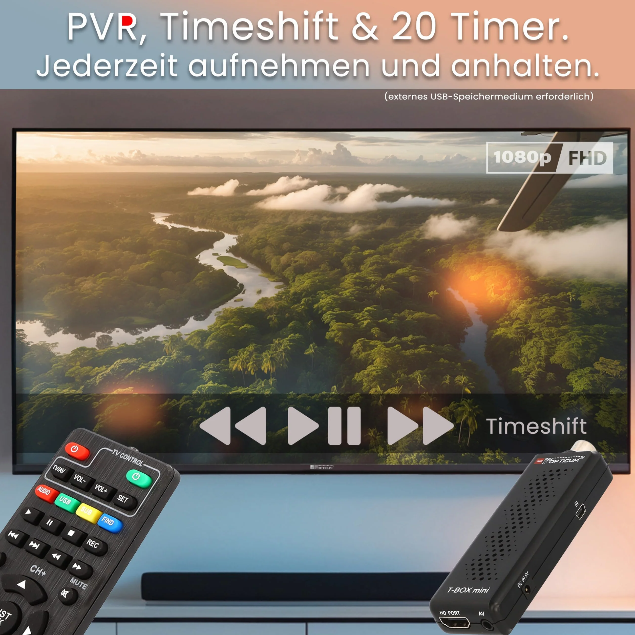 RED OPTICUM T-Box Mini DVB-T2/C cyfrowy odbiornik Full HD, H.265 HEVC, HDMI, USB 2.0, czarny, z pilotem zdalnego sterowania, czujnik podczerwieni, EPG, teletekst, funkcja PVR, 115 x 37 x 17 mm