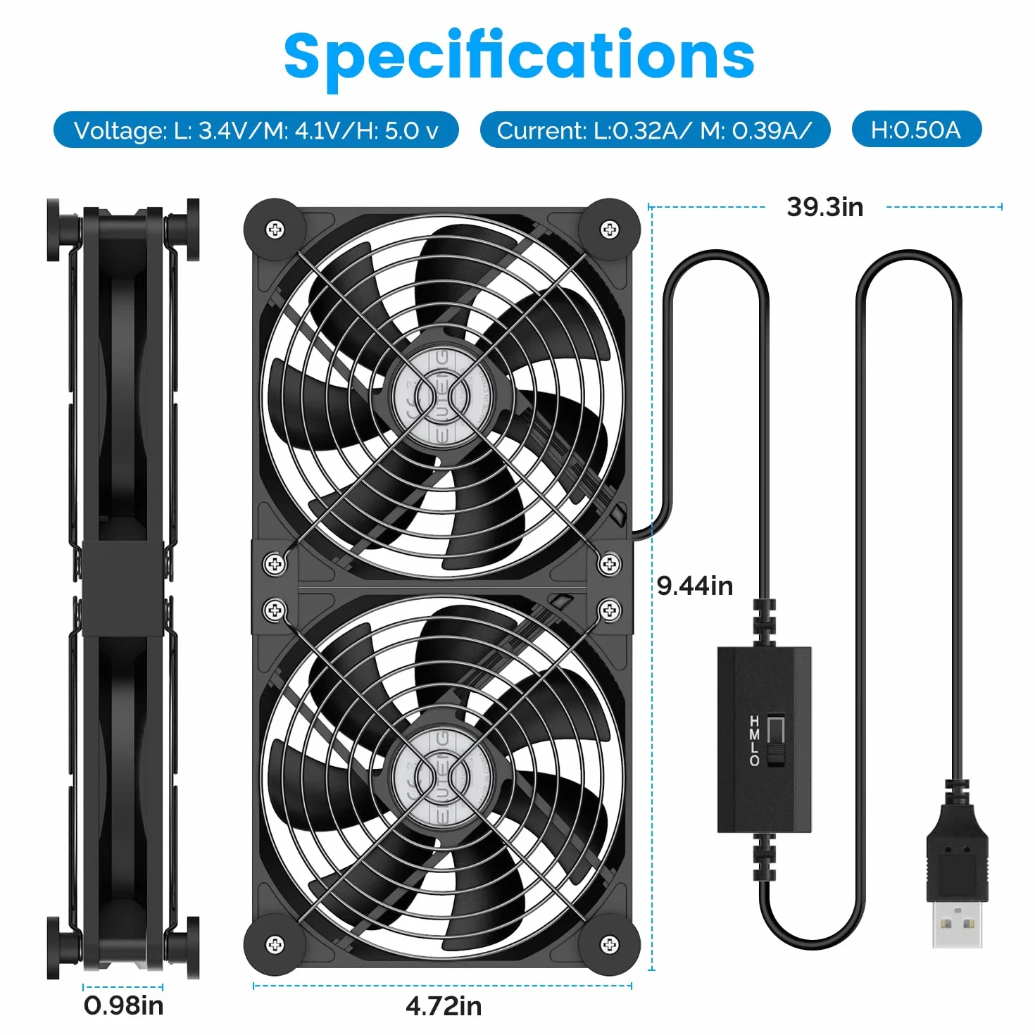ELUTENG Wentylator USB 2 w 1, 120 mm, 3 regulowane prędkości, dwurzędowy, mały, USB 5 V, cichy, elektroniczny, z 8 nóżkami amortyzującymi, do szafki, routera, PS5, laptopa, telewizora